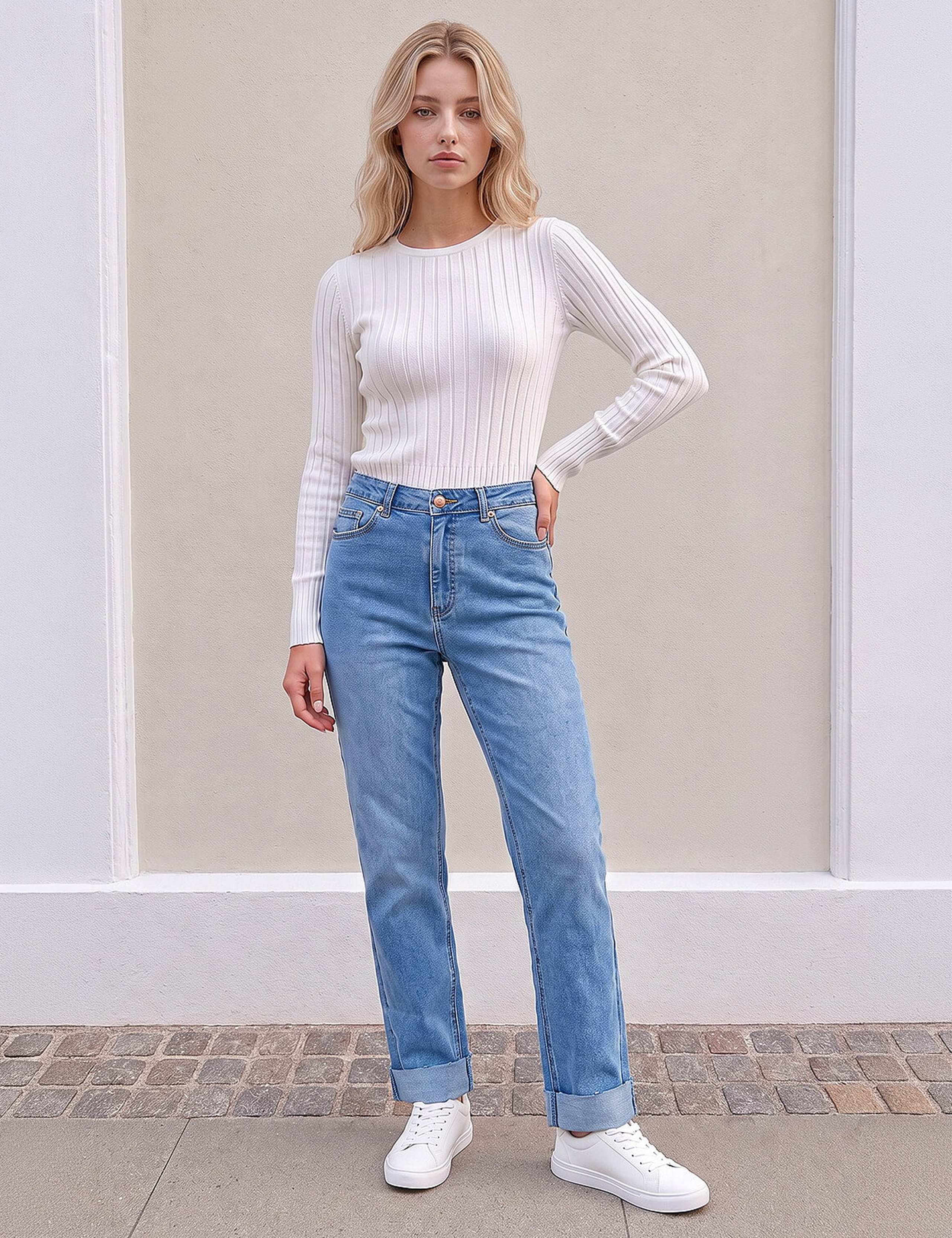 Petite Mid Rise Straight Leg Turn Up Jeans 3 of 4