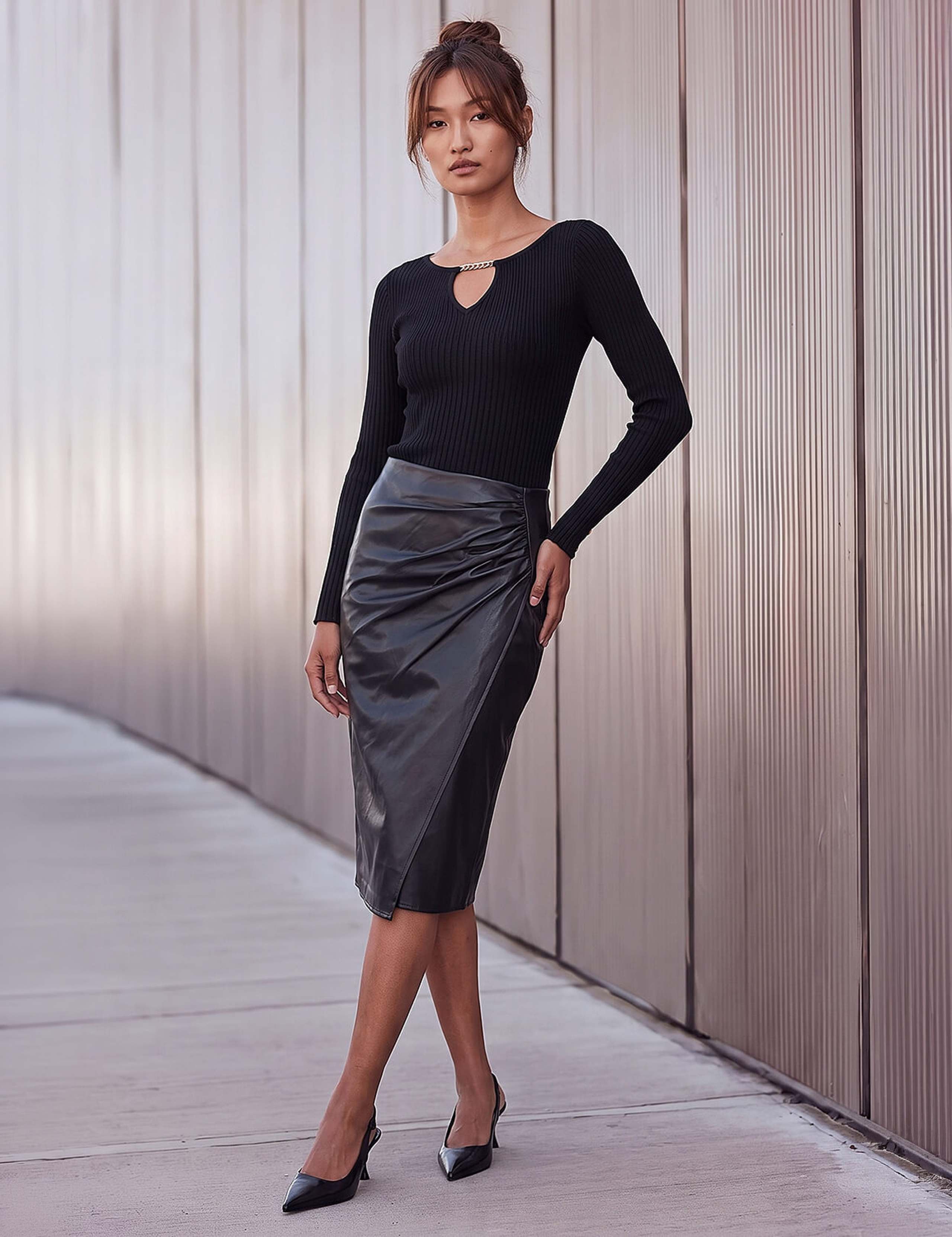 Leather Look Ruched Wrap Skirt 2 of 4
