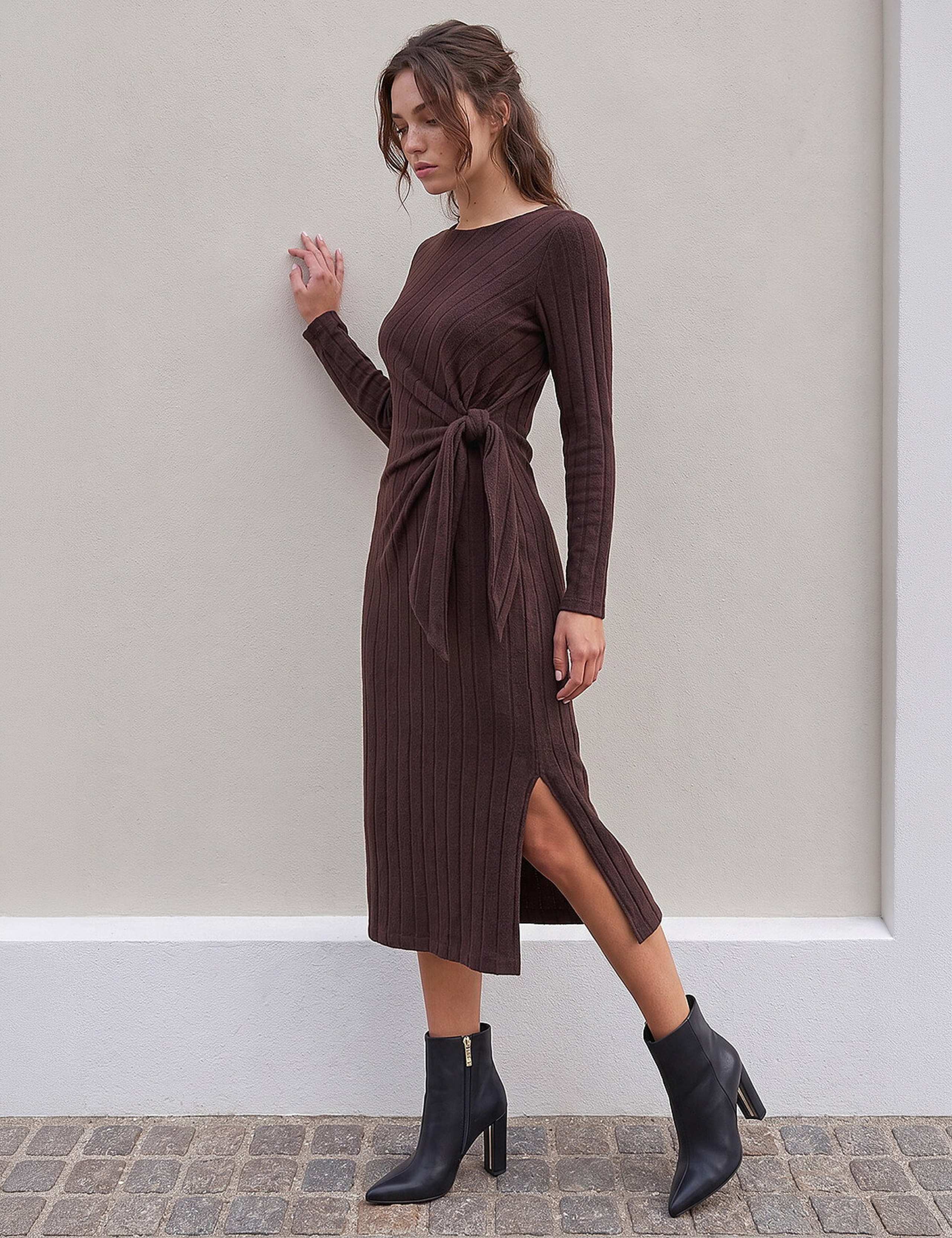 Petite Ribbed Tie Detail Midi Bodycon Dress 2 of 4