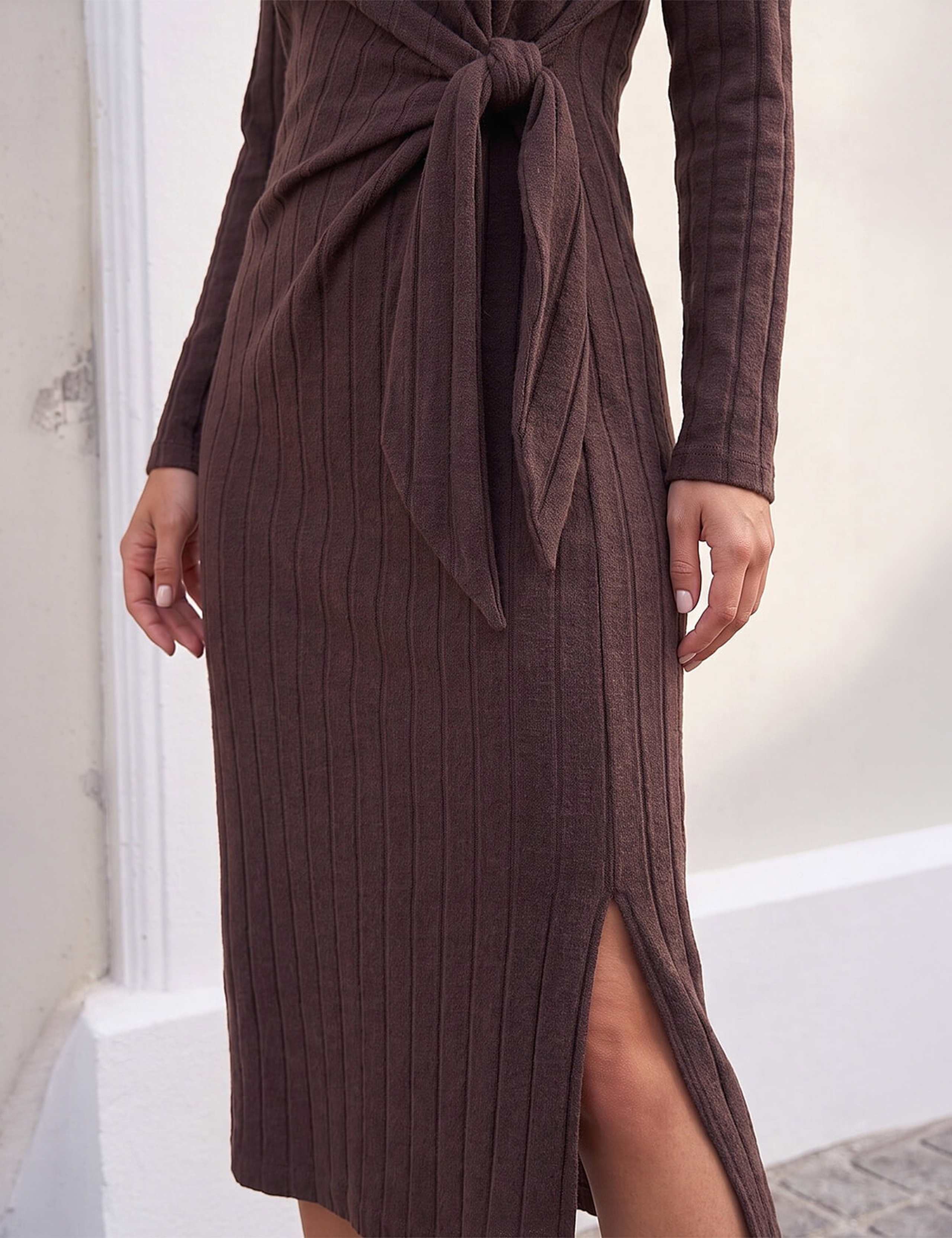 Petite Ribbed Tie Detail Midi Bodycon Dress 4 of 4