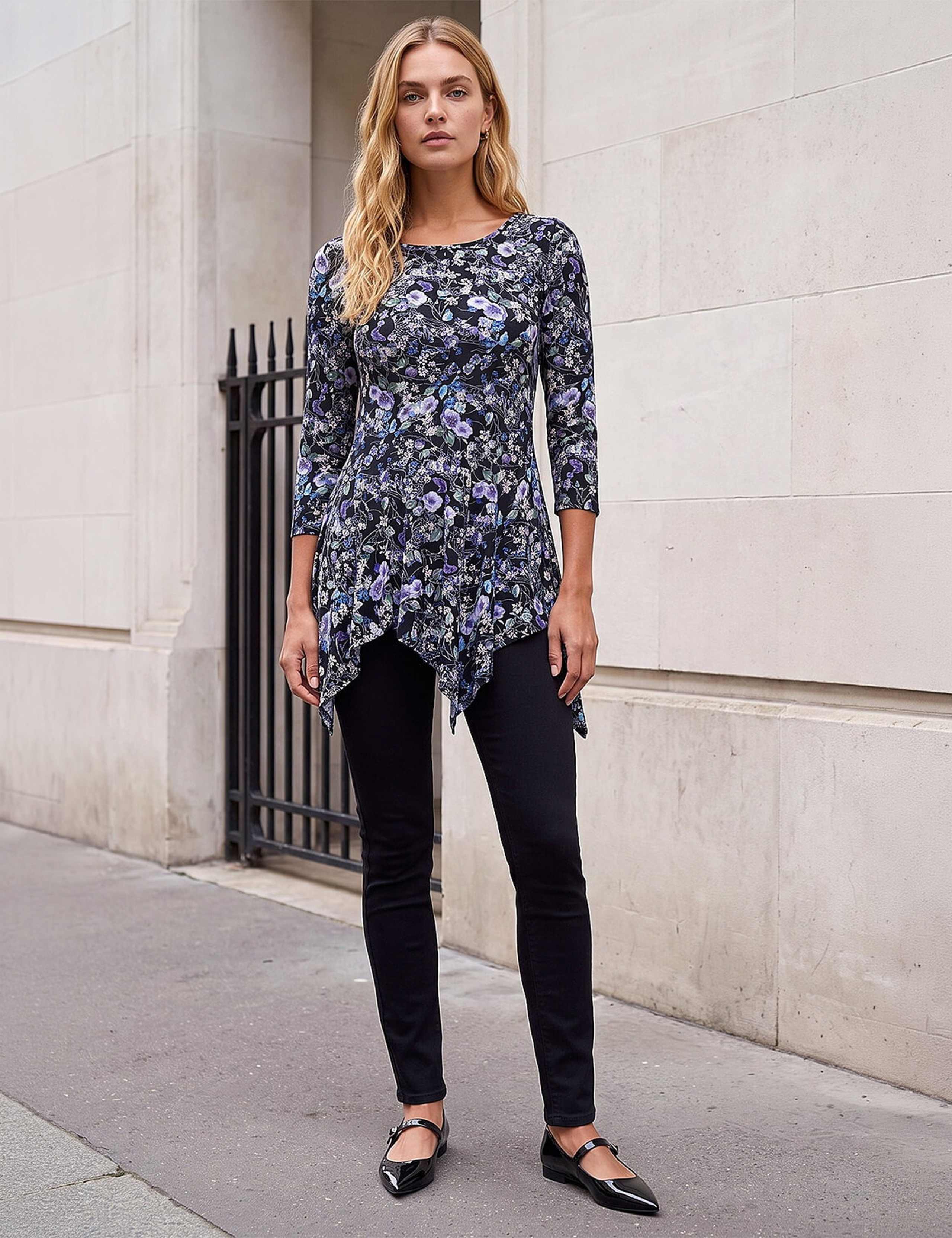 Stretch Jersey Floral Print Asymmetric Top 2 of 4