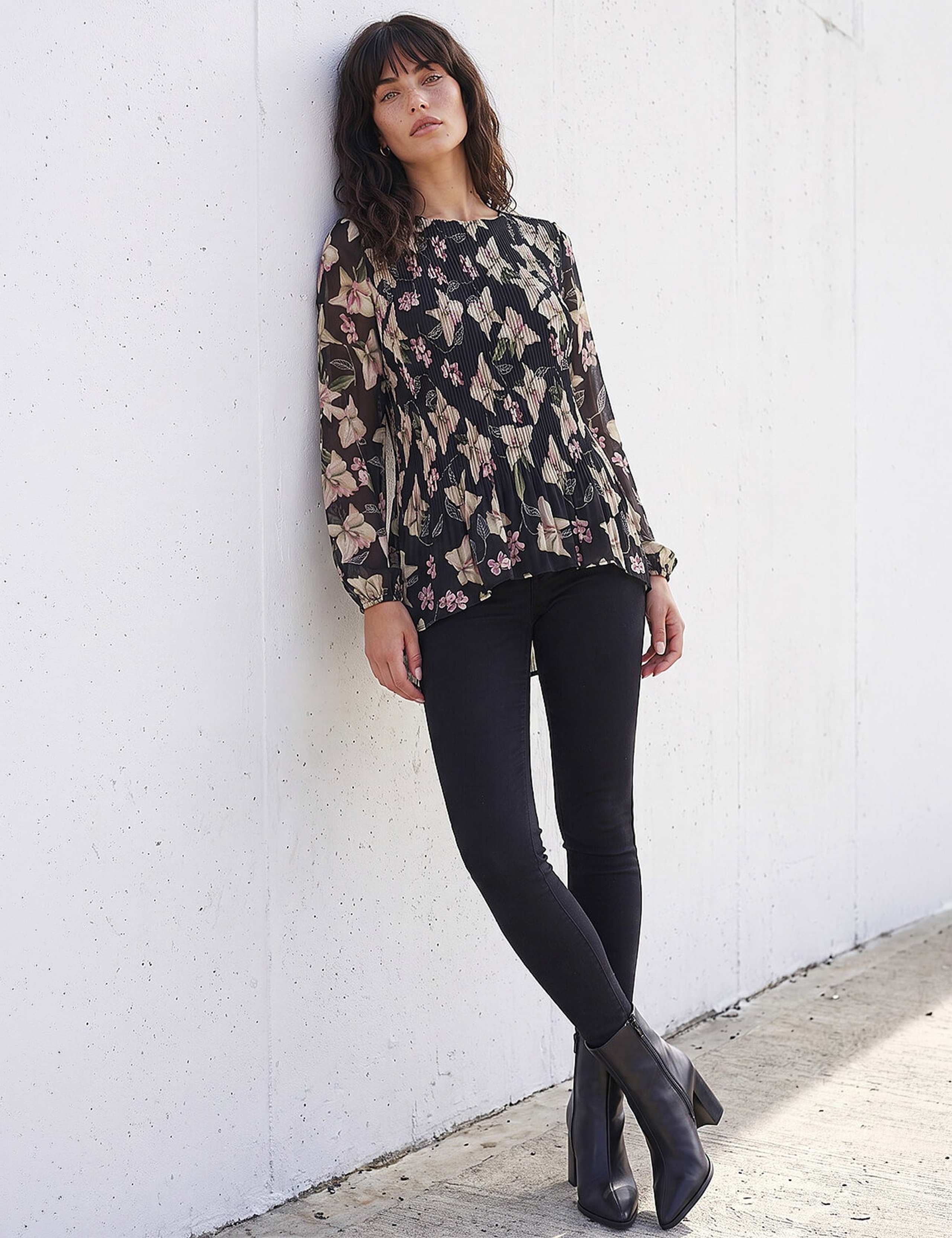 Sheer Floral Print Pleated Top 2 of 4