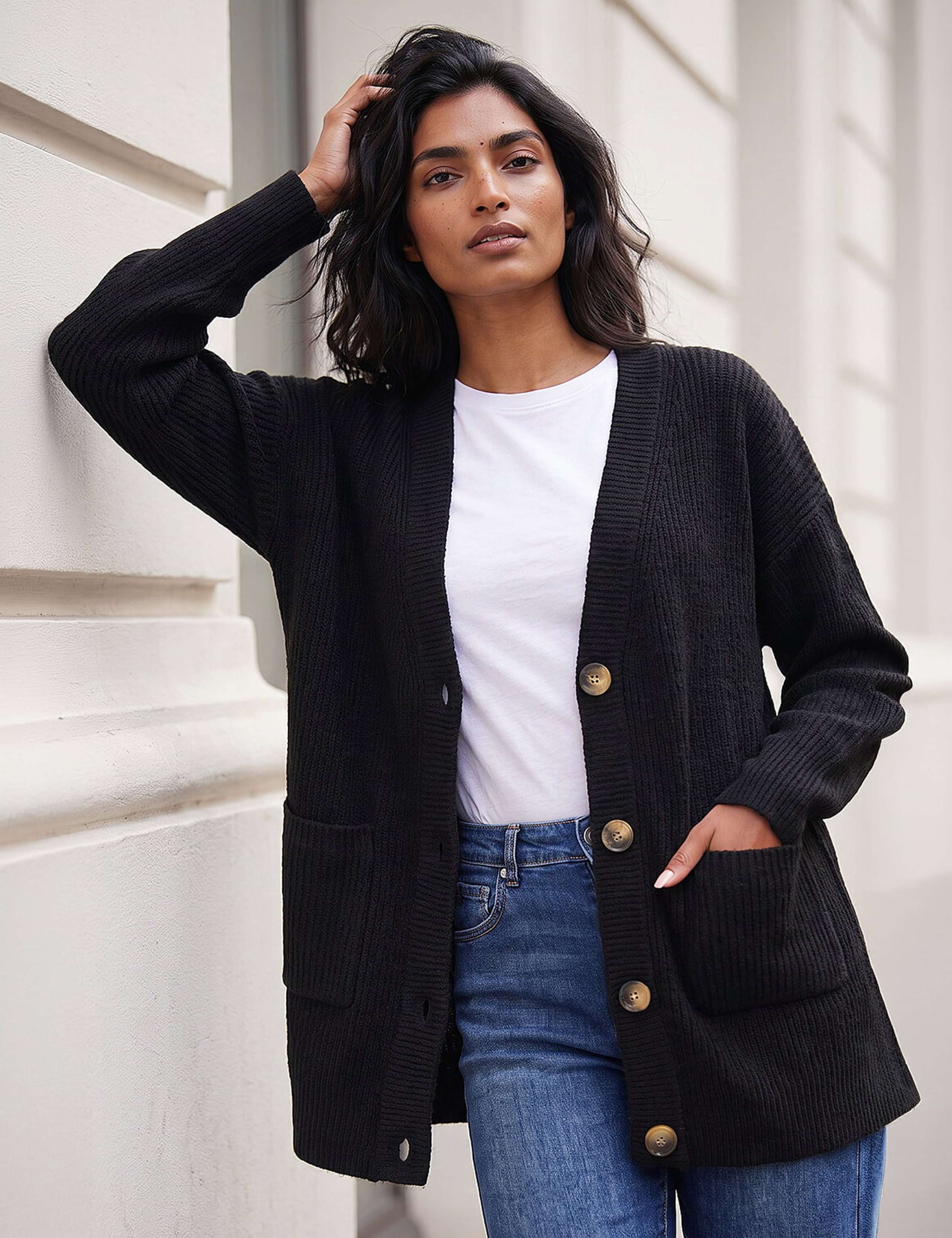 Ribbed V-Neck Button Front Longline Cardigan 3 of 4