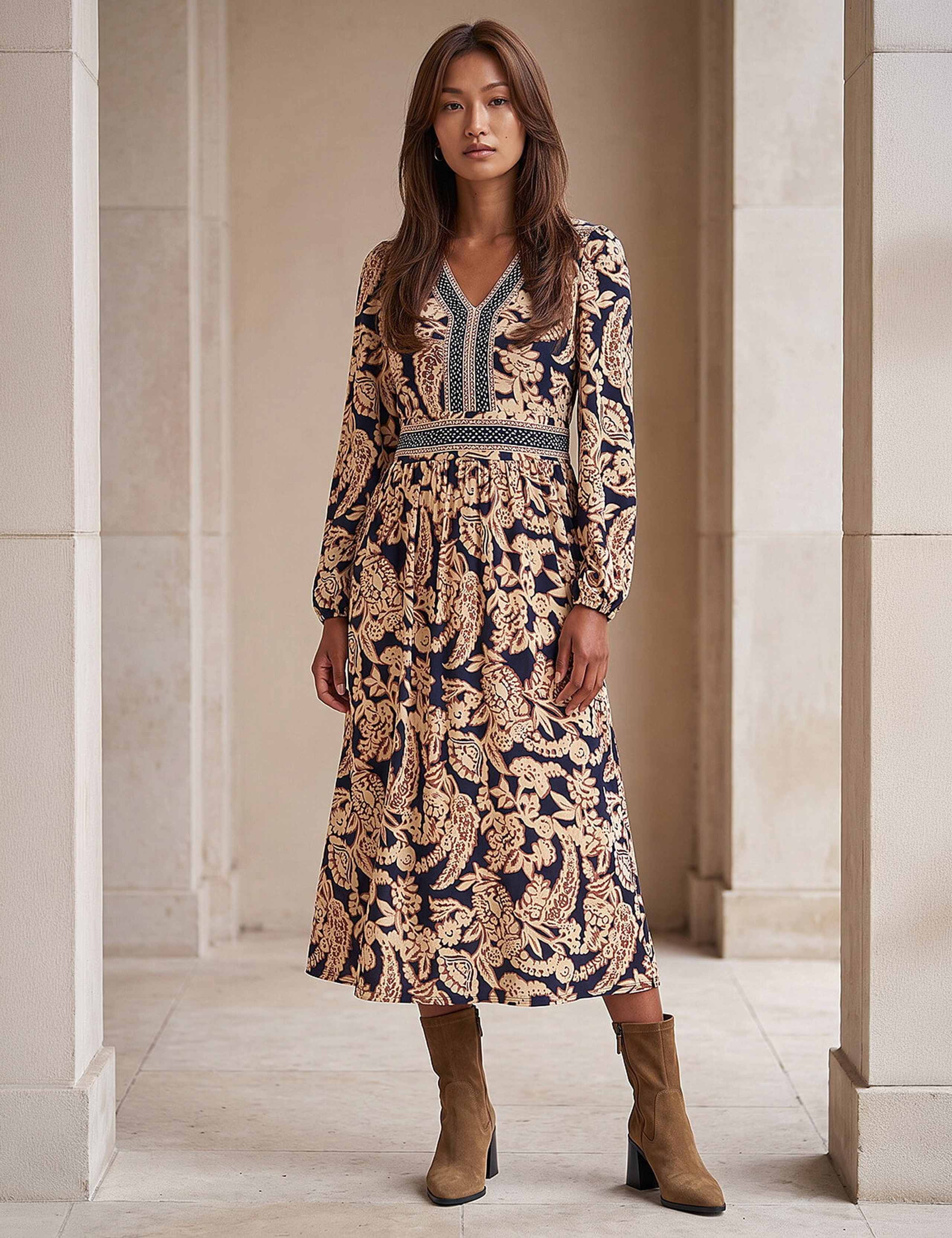 Floral Border Print V-Neck Midi Skater Dress 2 of 4