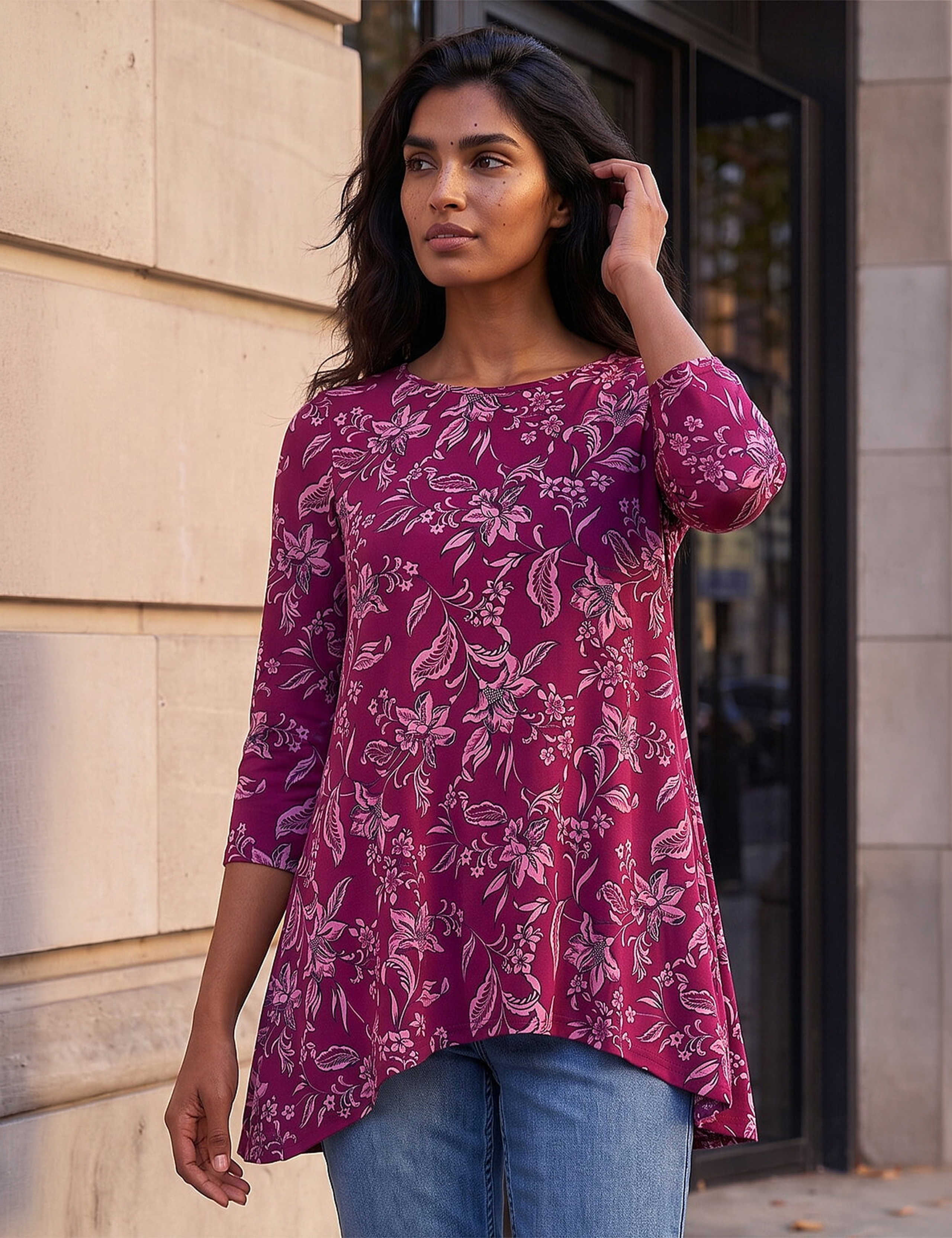 Jersey Floral Handkerchief Hem Tunic Top 1 of 4