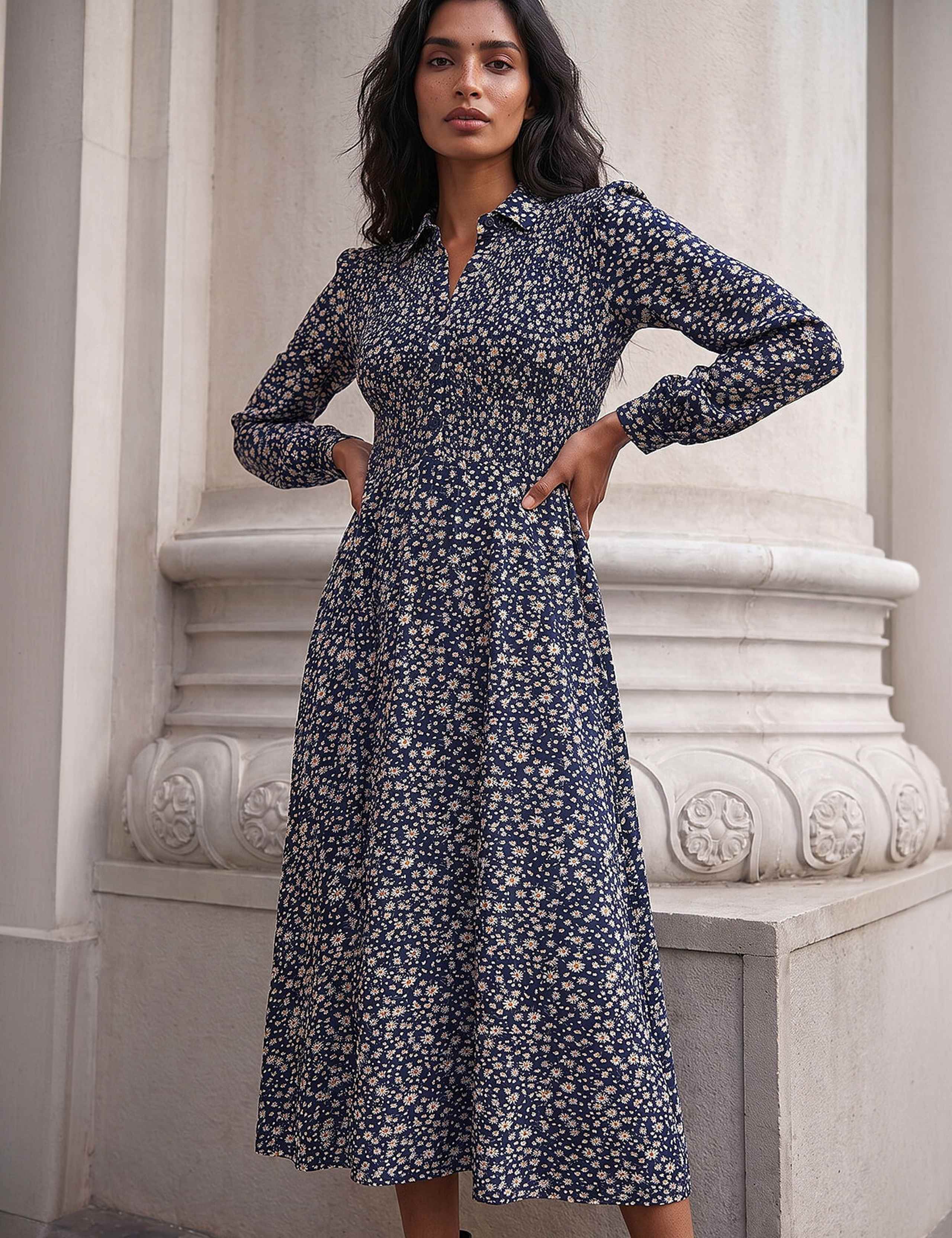 Floral Shirred Midi Shirt Dress 1 of 4