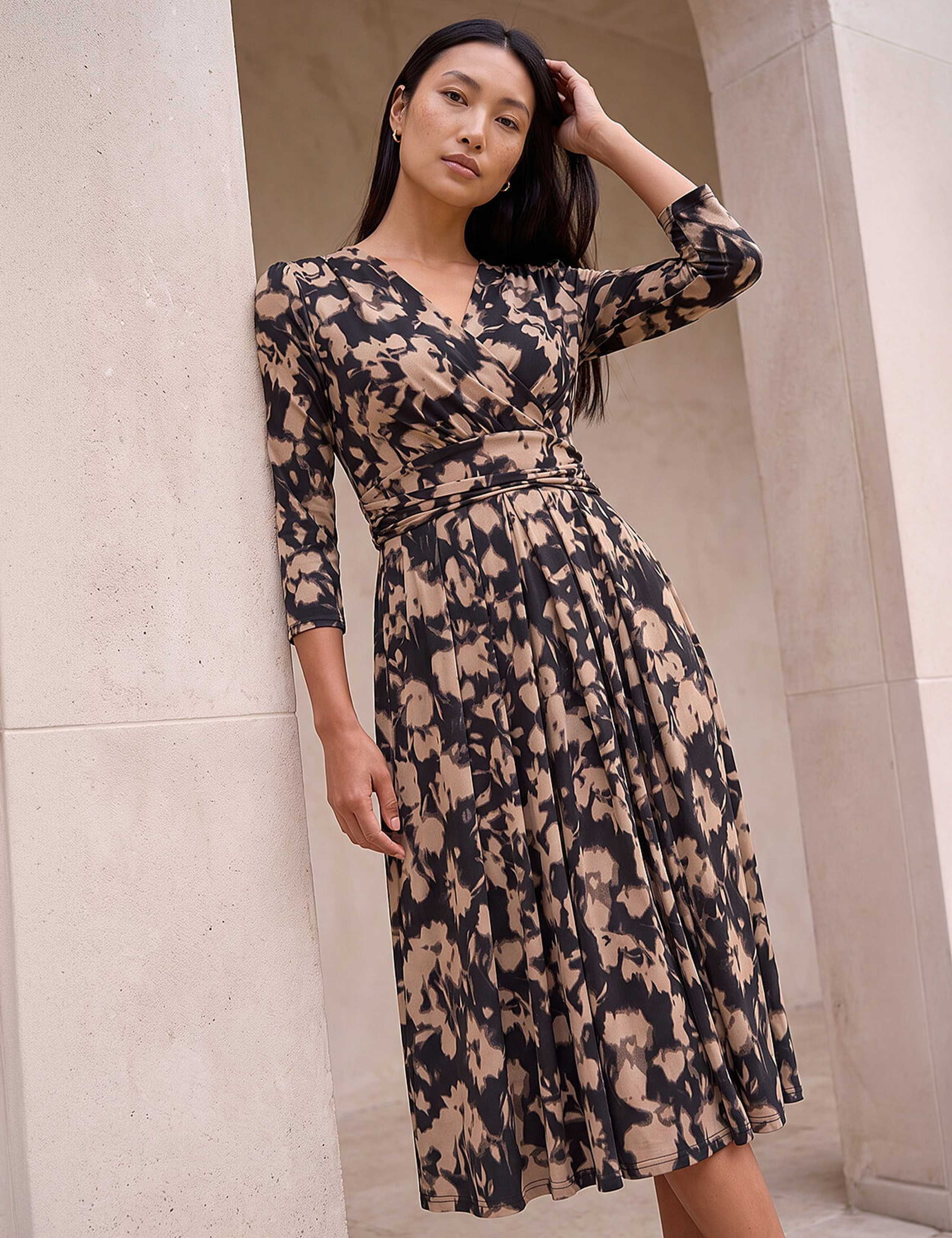 Abstract Floral Midi Wrap Dress 1 of 4