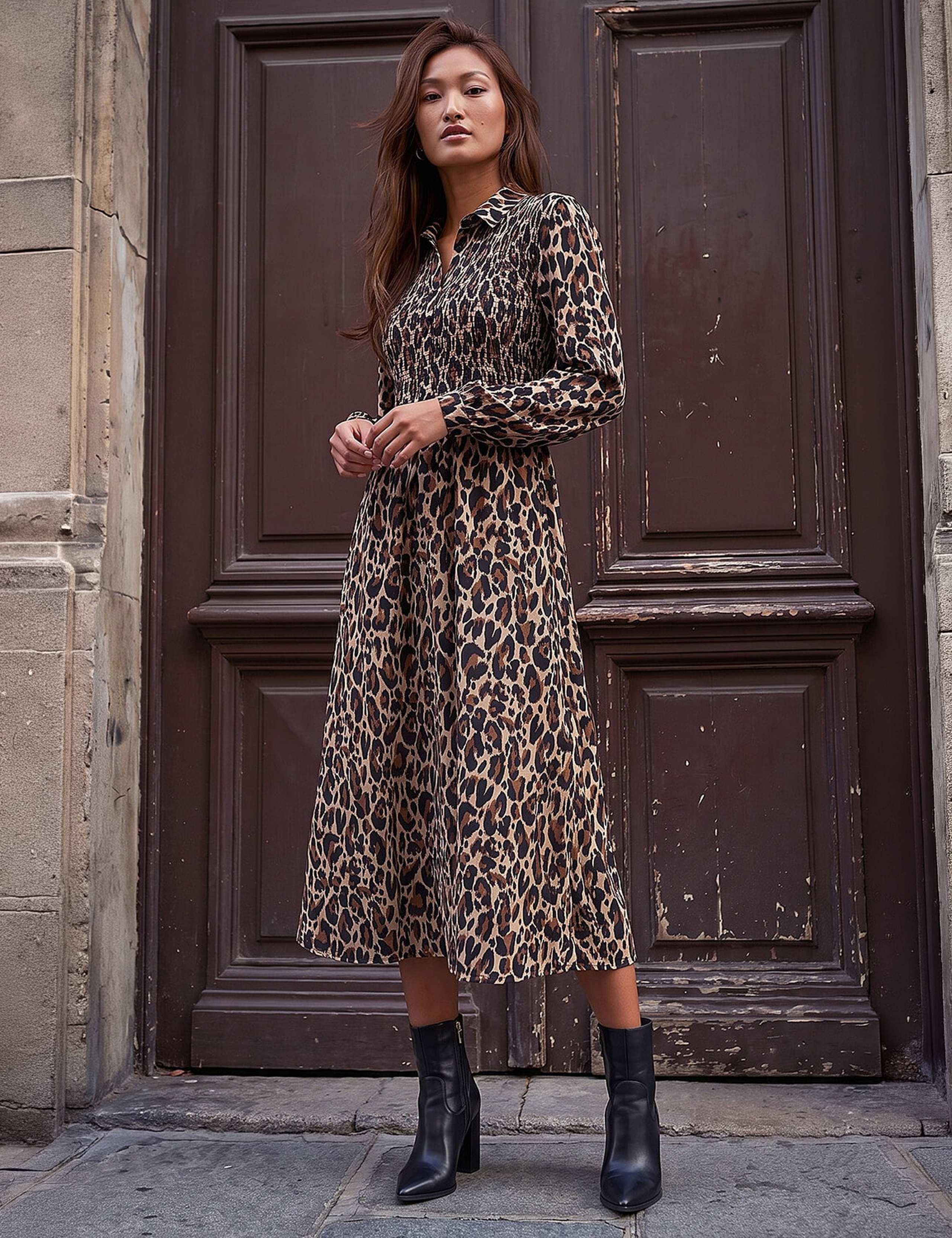 Animal Print Shirred Midi Shirt Dress 2 of 4