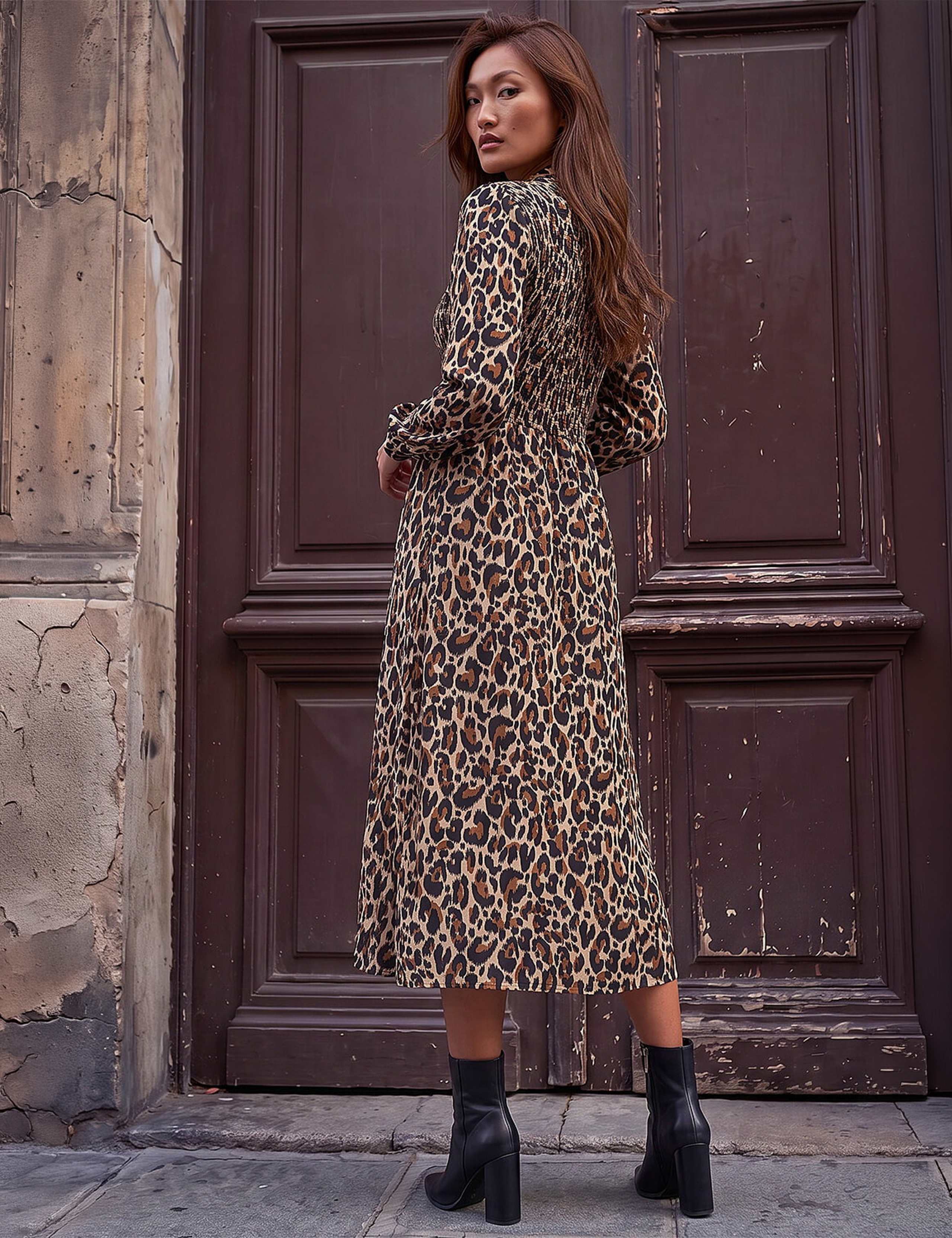 Animal Print Shirred Midi Shirt Dress 3 of 4