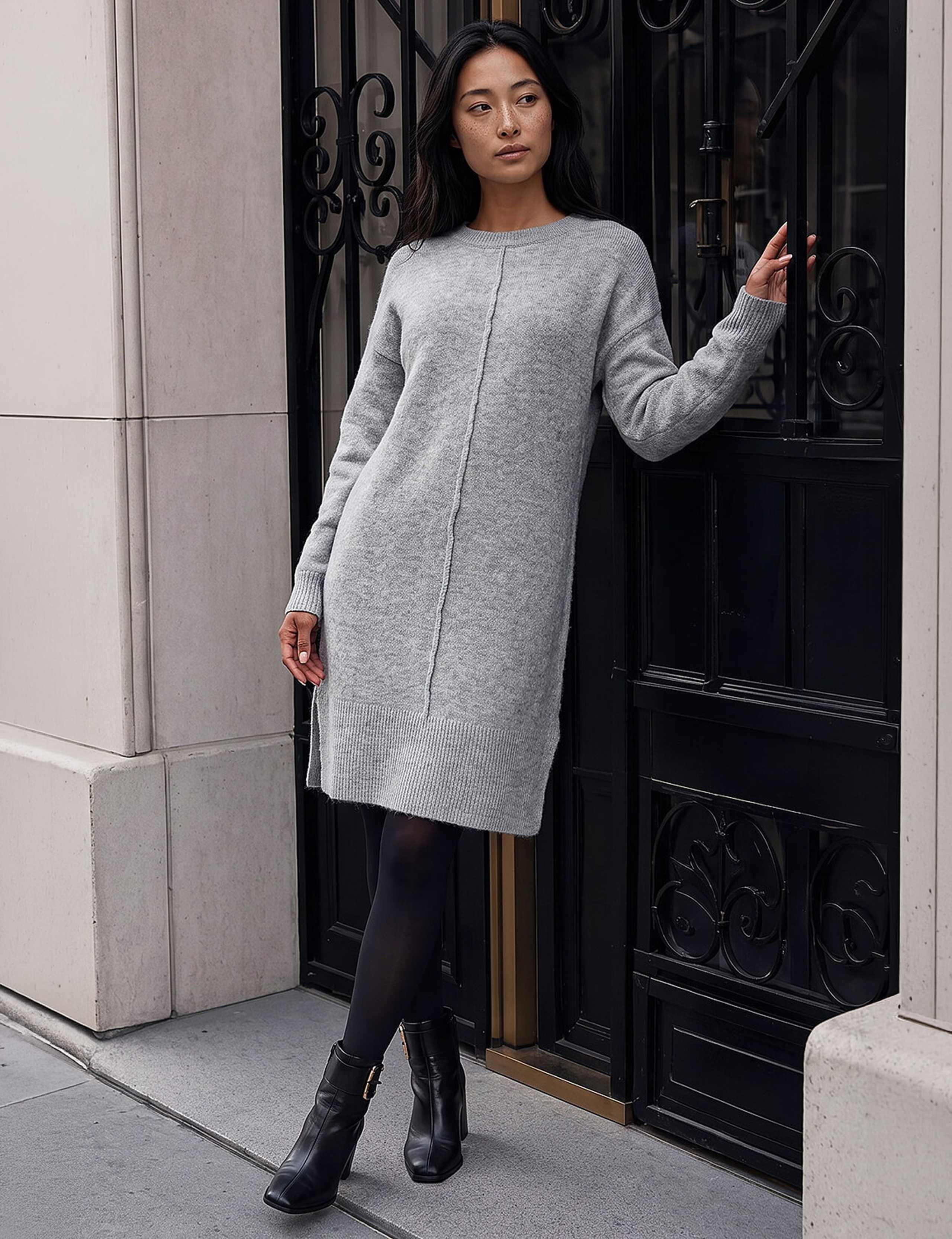 Knitted Pintuck Knee Length Shift Dress 2 of 4
