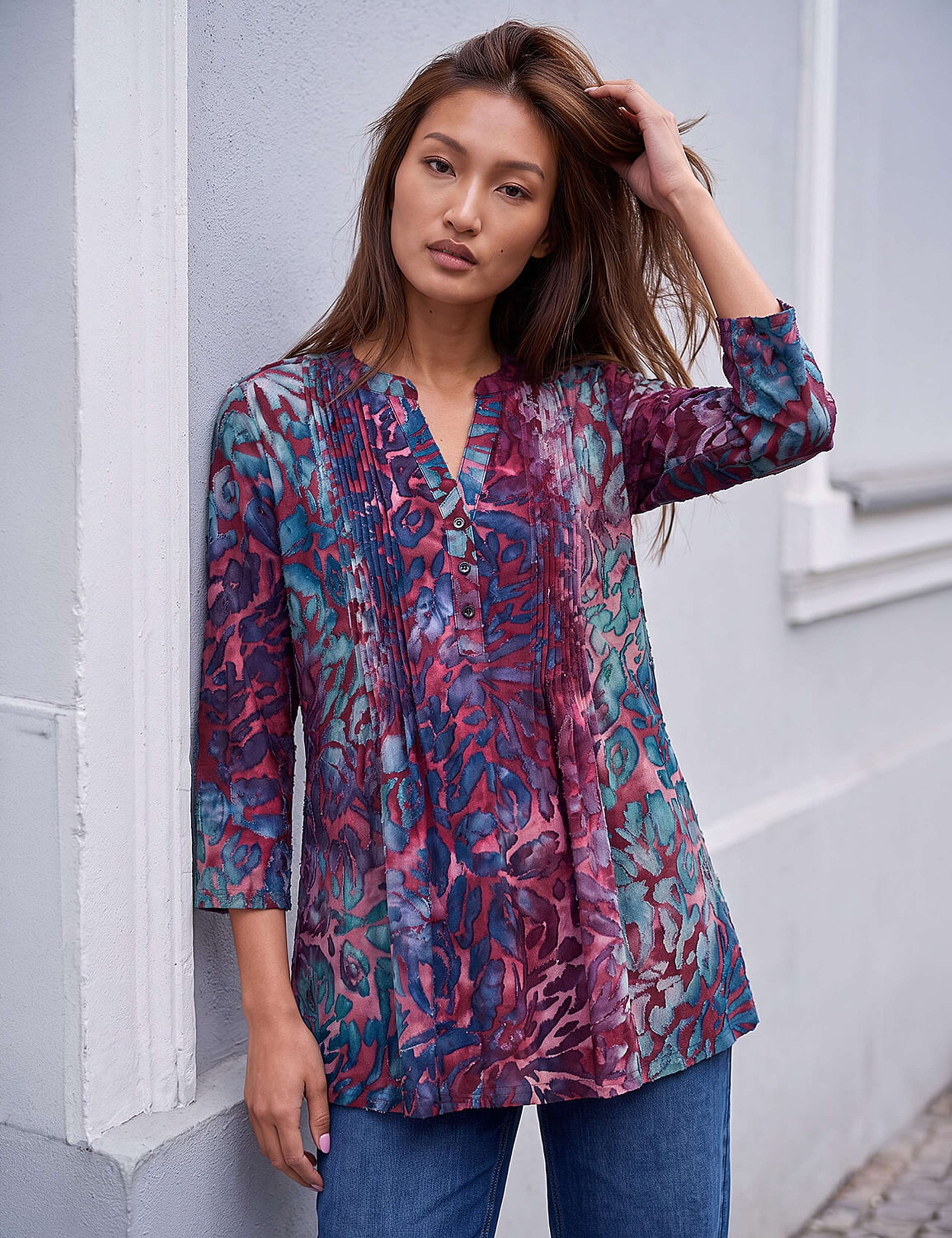 Jersey Textured Burnout Print Pintuck Shirt 1 of 4