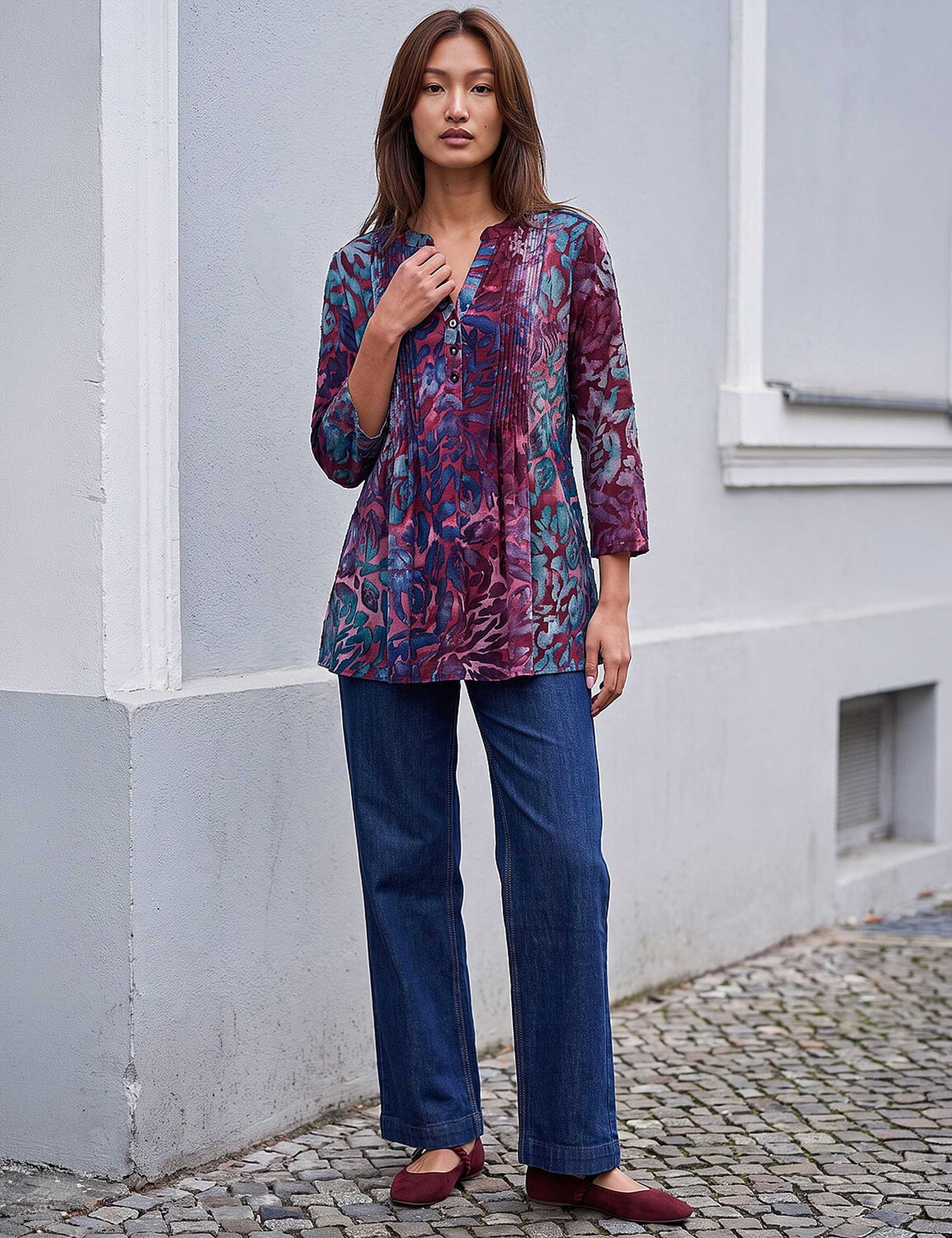Jersey Textured Burnout Print Pintuck Shirt 2 of 4