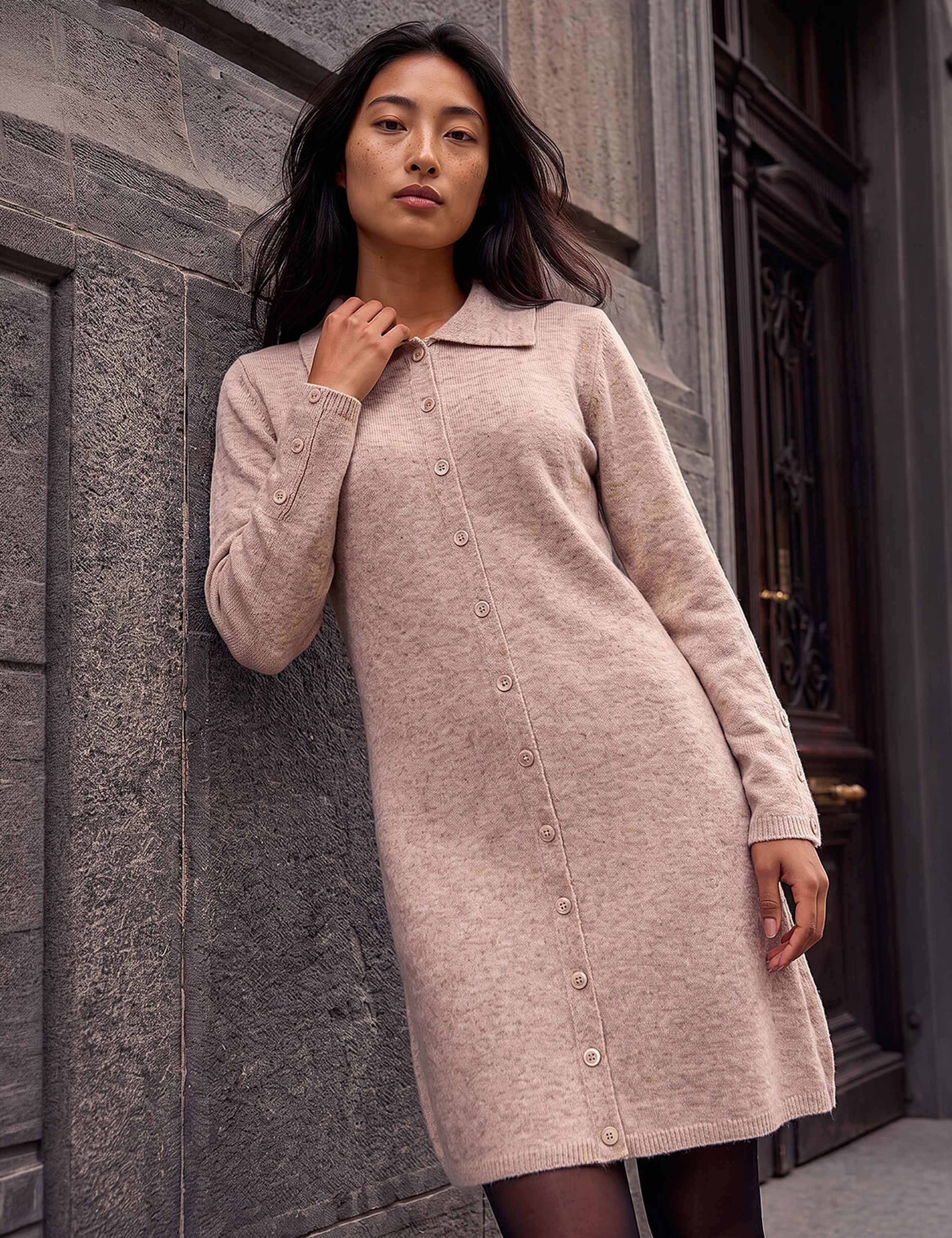 Knitted Collared Knee Length Shift Dress 2 of 4