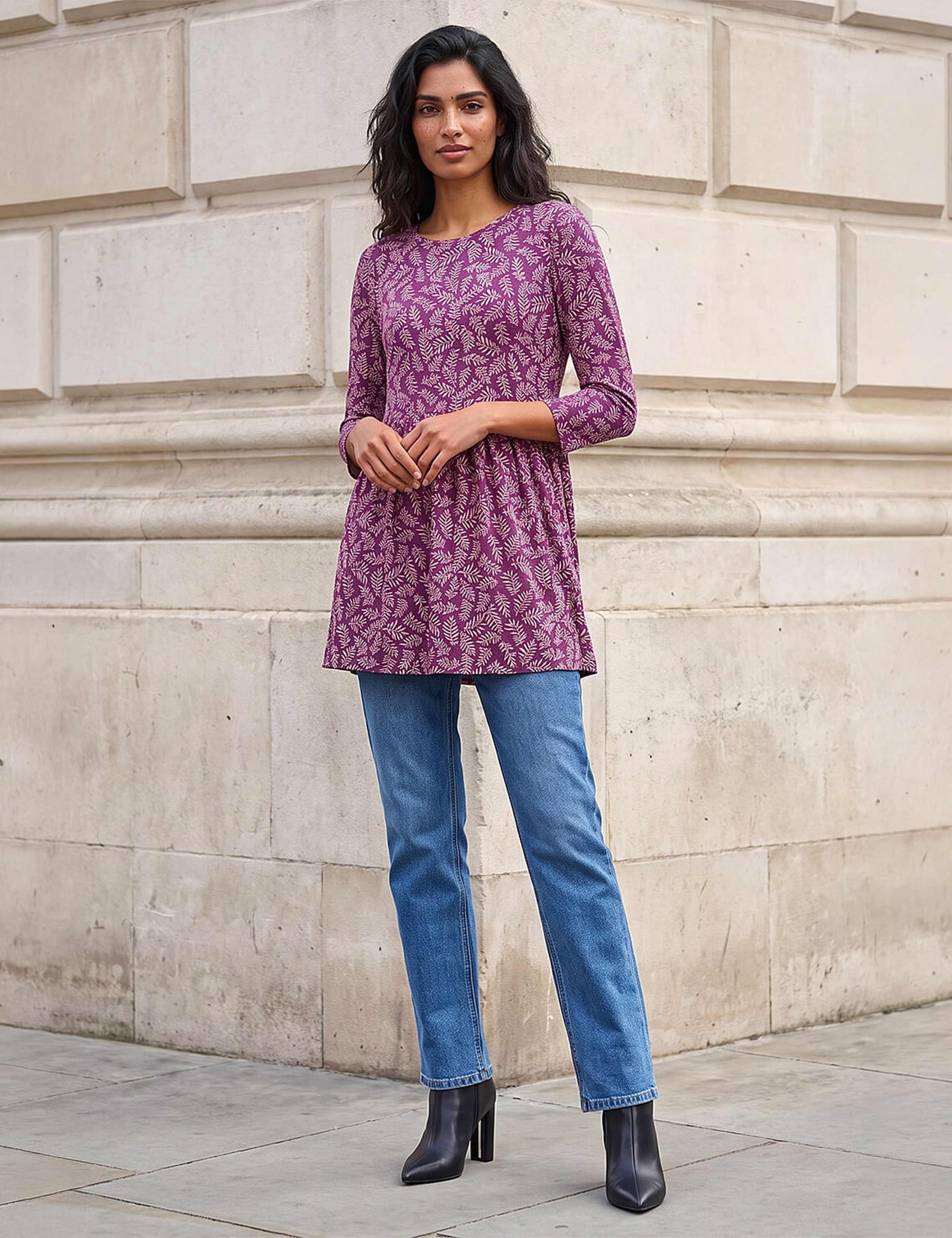 Jersey Leaf Print Gathered Waist Tunic Top 3 of 4