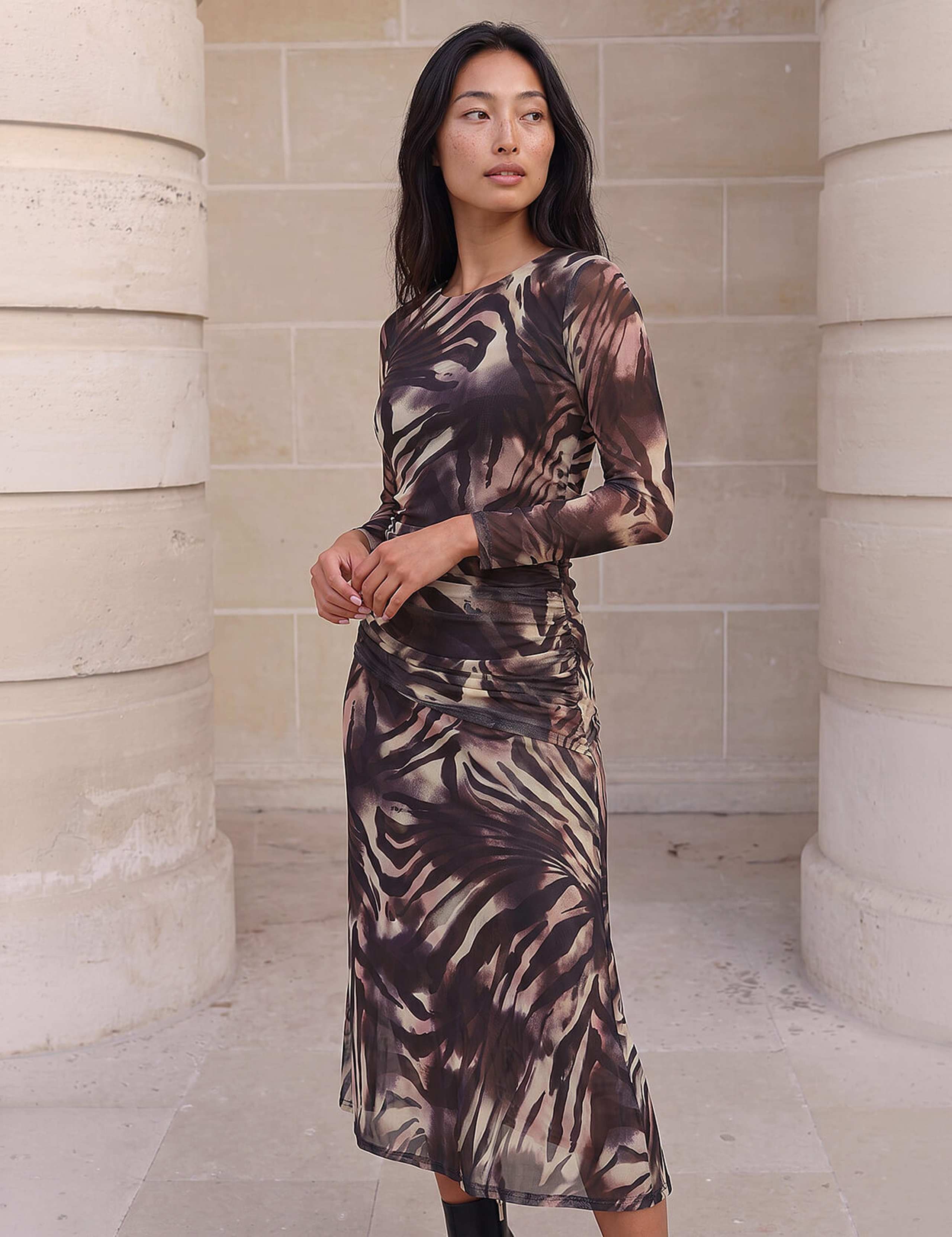 Mesh Animal Print Ruched Midi Dress 2 of 4
