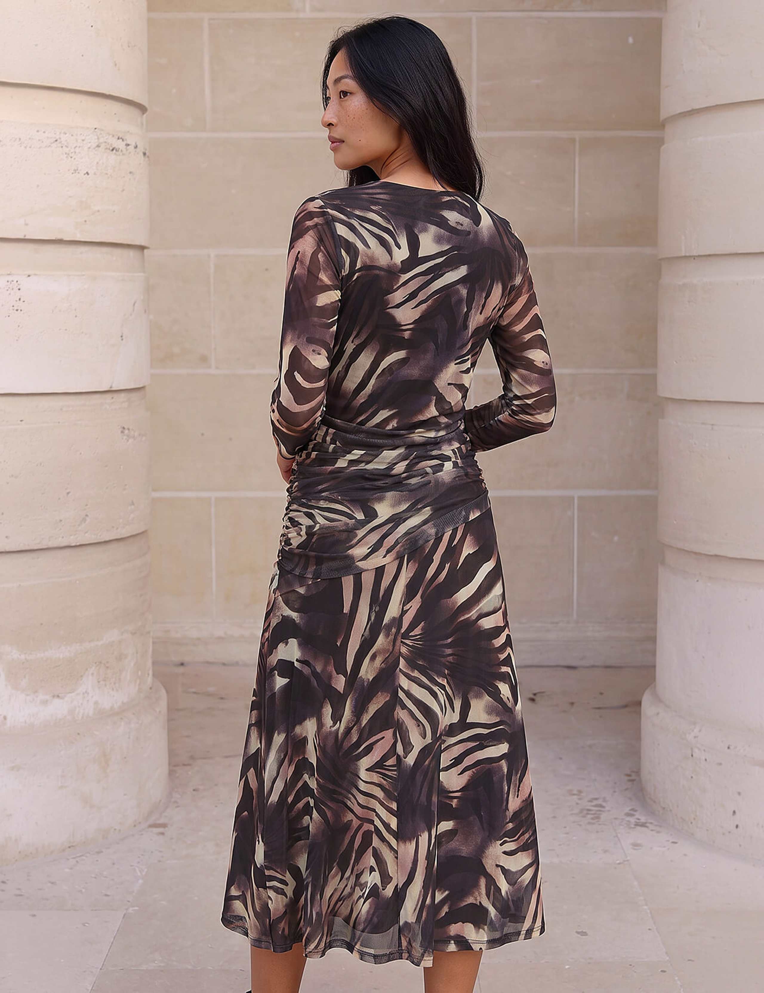 Mesh Animal Print Ruched Midi Dress 3 of 4