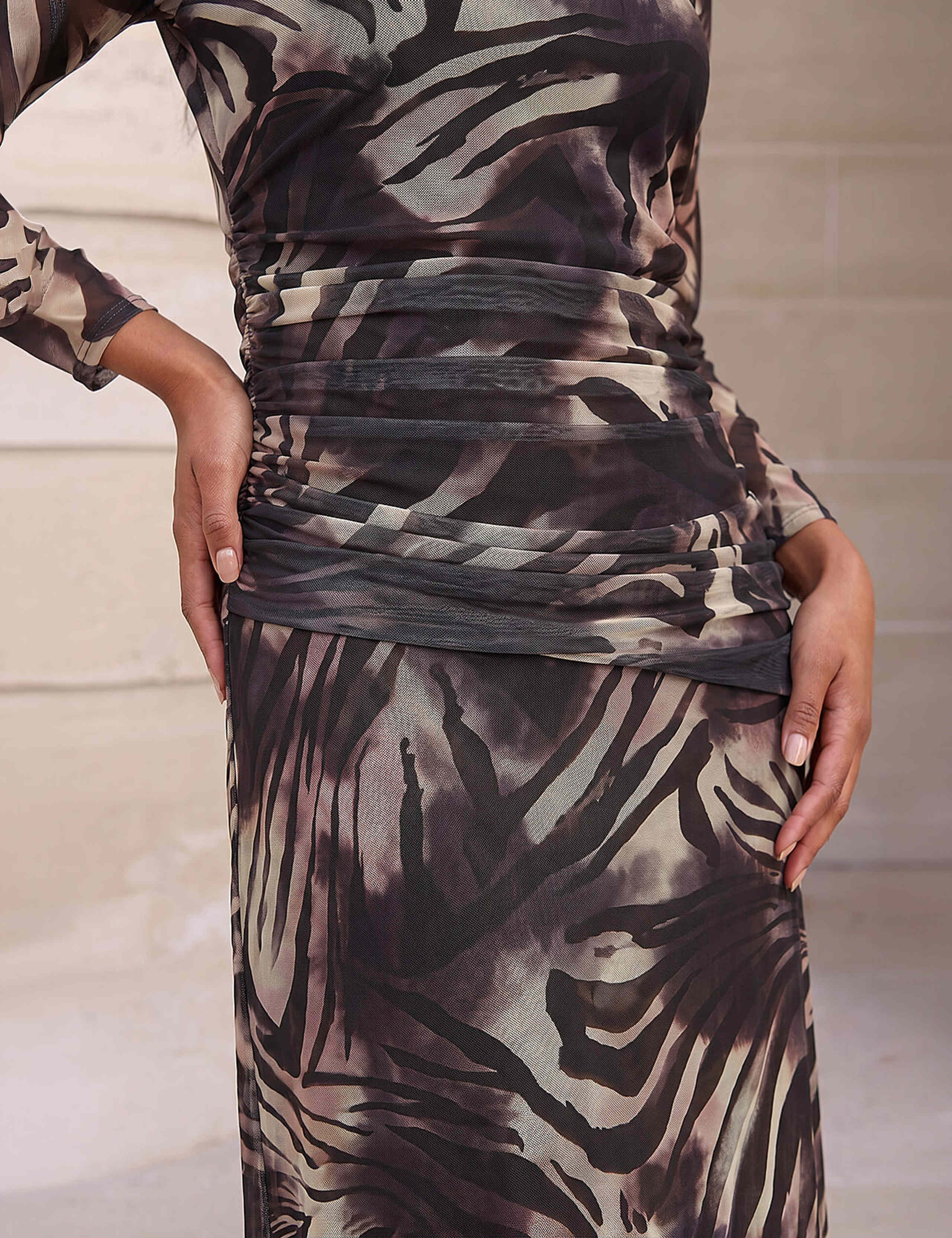 Mesh Animal Print Ruched Midi Dress 4 of 4