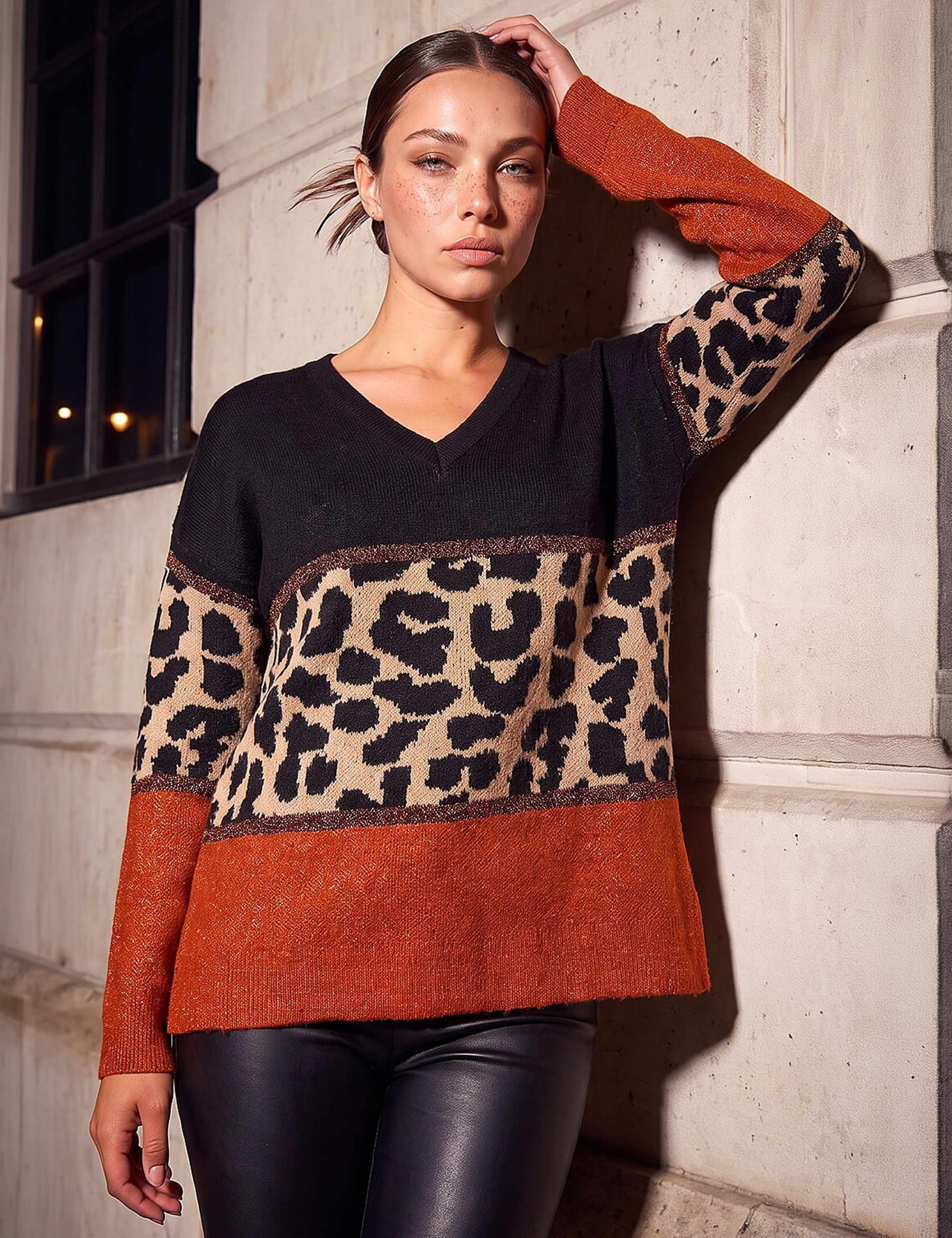 Petite Animal Print Colour Block V-Neck Jumper 1 of 4