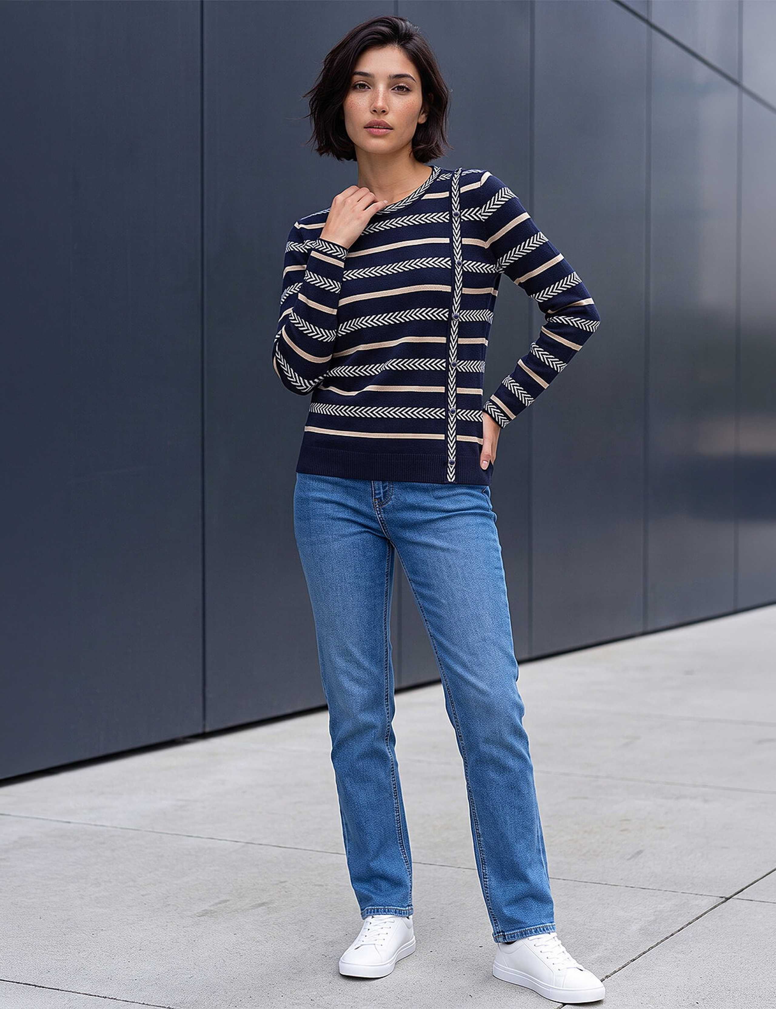 Petite Striped Round Neck Button Detail Jumper 2 of 4