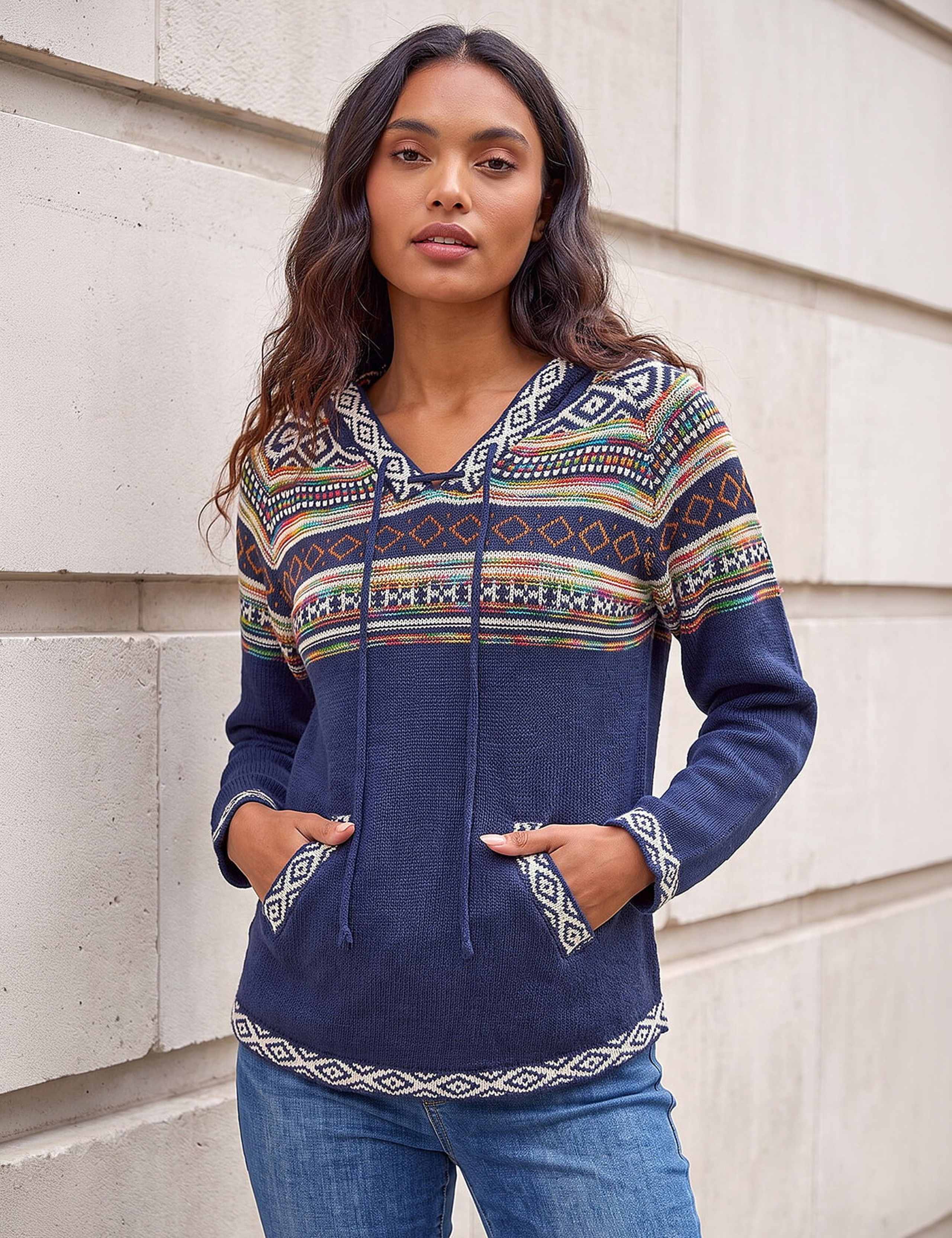 Knitted Nordic Print V-Neck Hooded Jumper 1 of 4