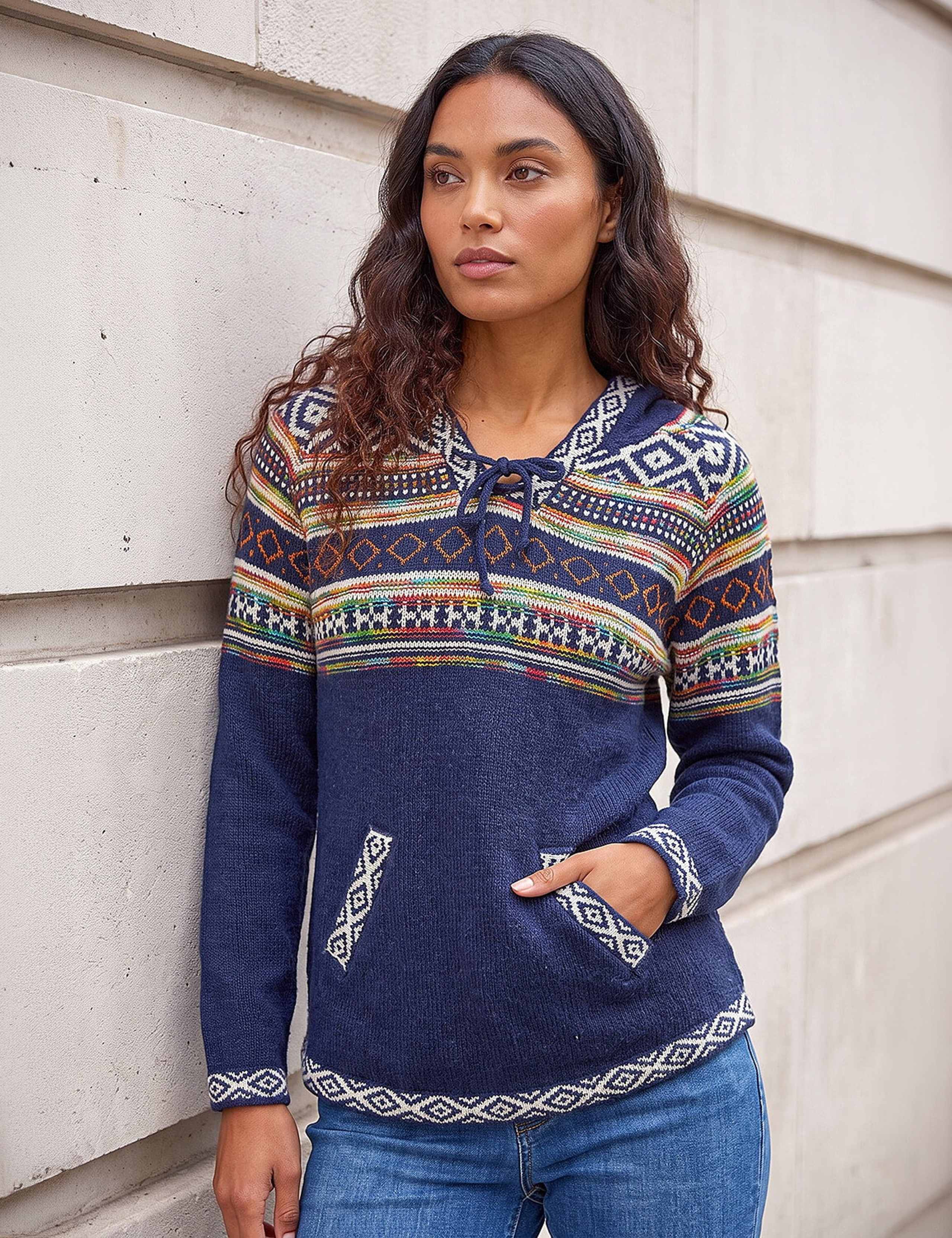 Knitted Nordic Print V-Neck Hooded Jumper 3 of 4