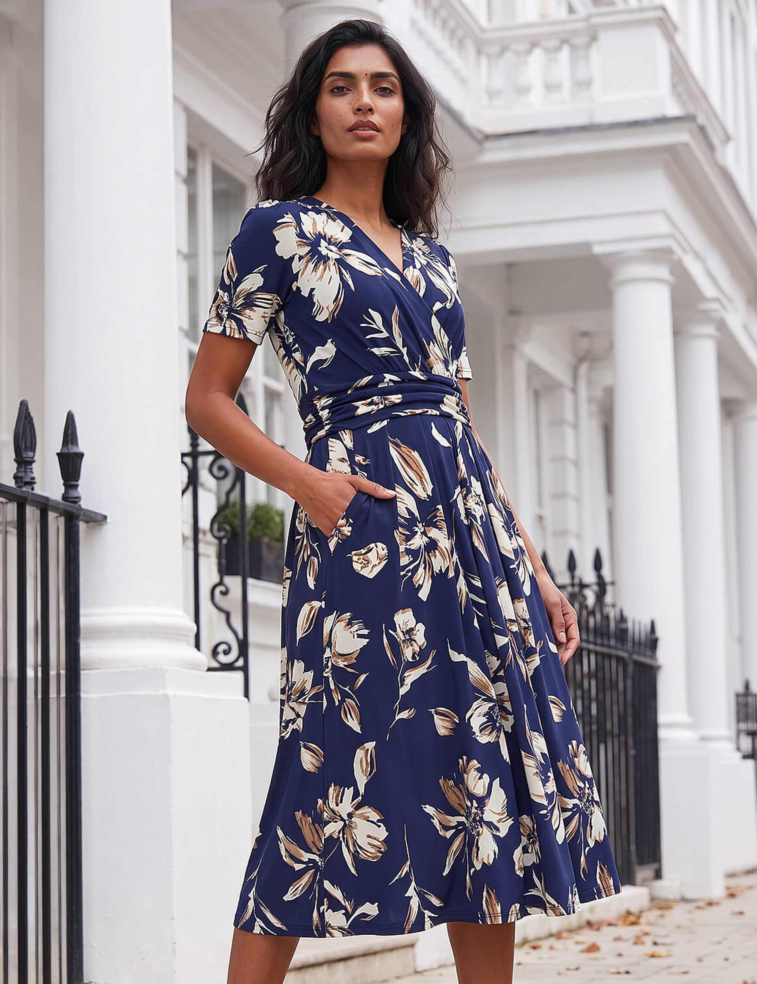 Floral V-Neck Midi Wrap Skater Dress 1 of 4