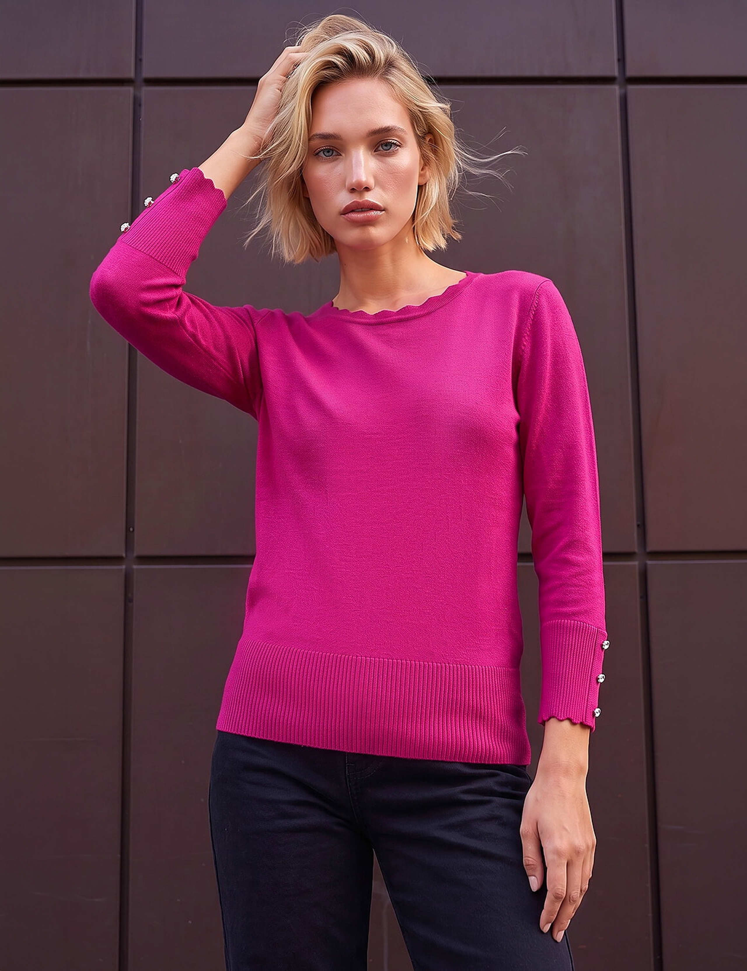 Crew Neck Scallop Edge Button Cuff Jumper 1 of 4