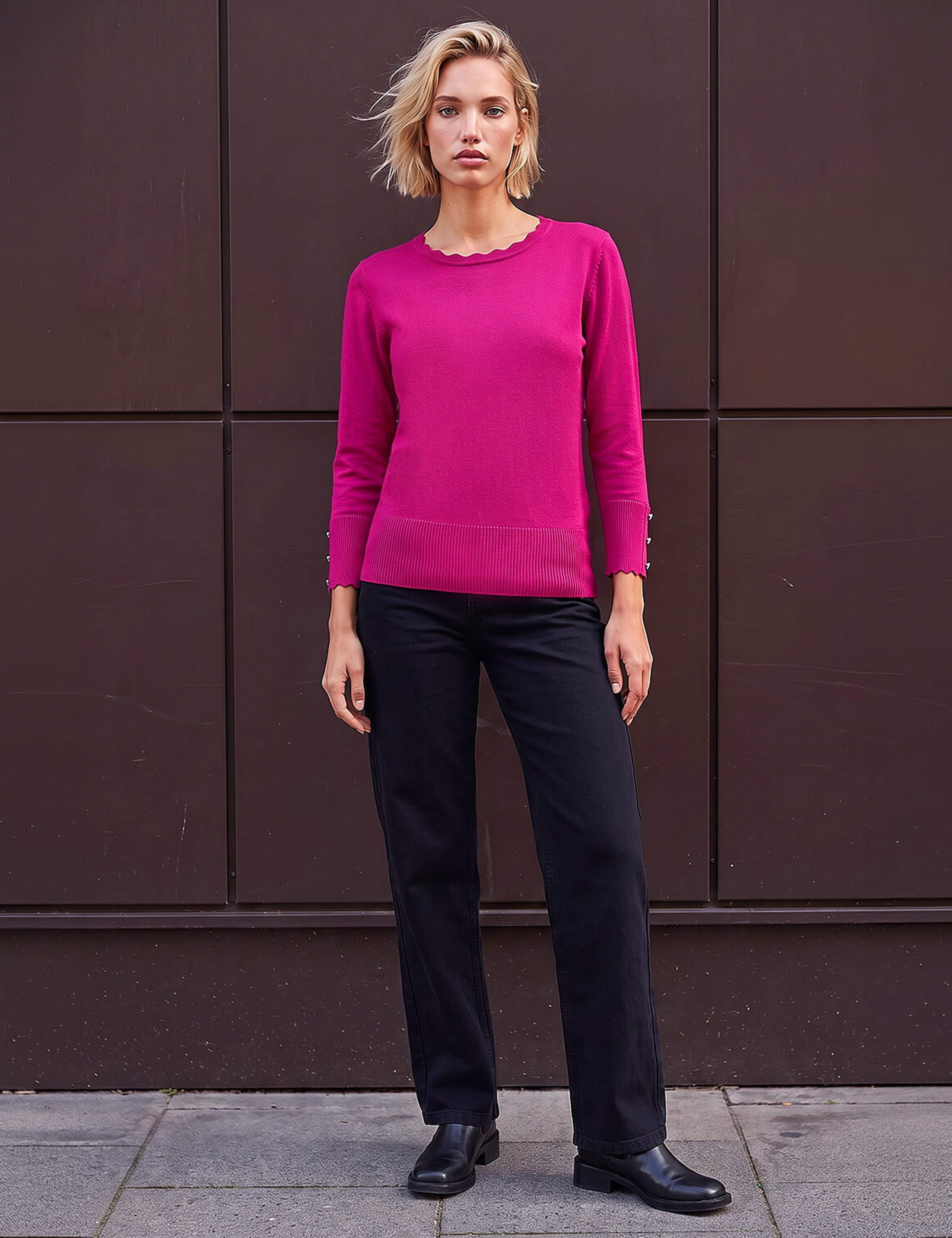 Crew Neck Scallop Edge Button Cuff Jumper 2 of 4