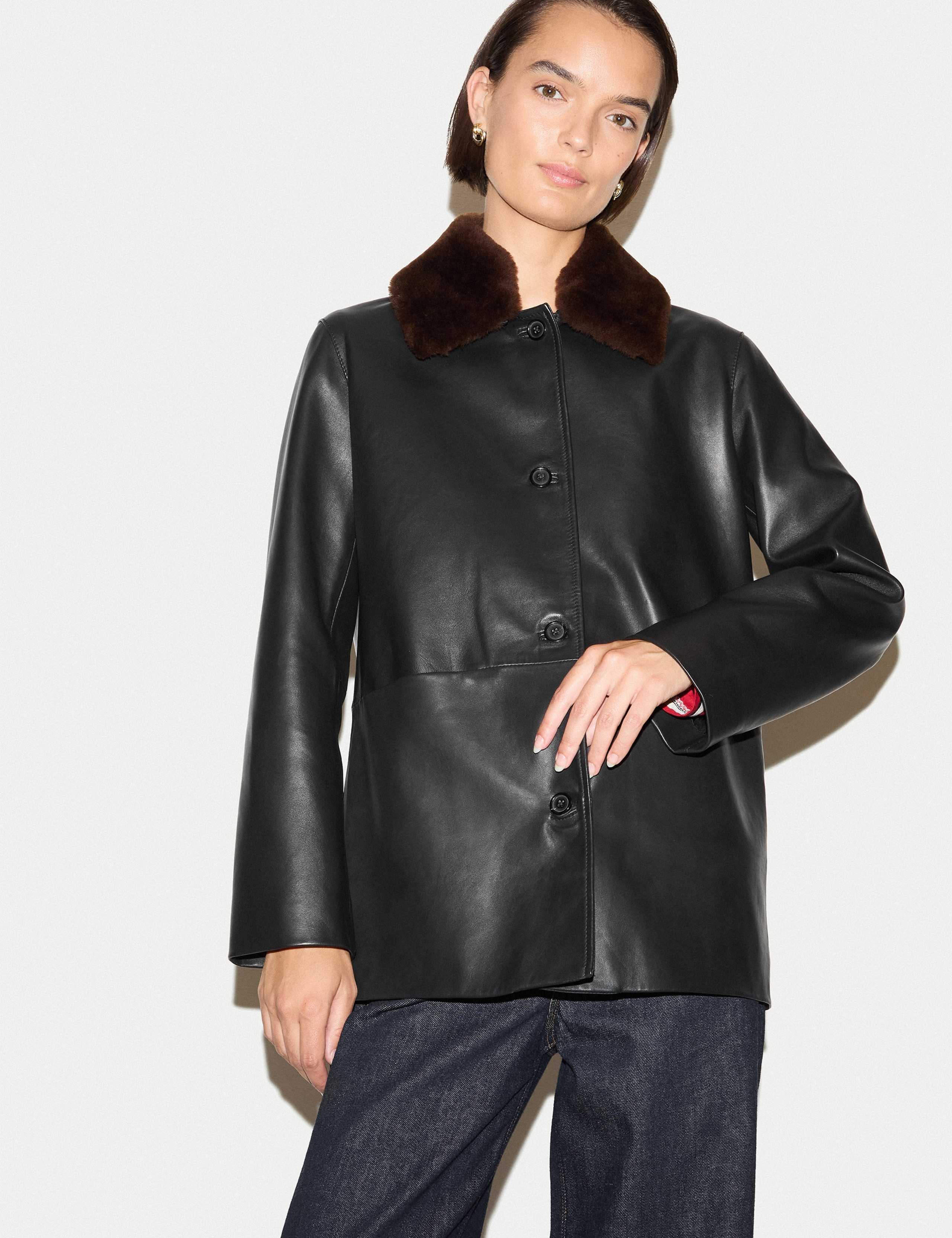 Leather Shearling Trim Aviator Jacket 1 of 6