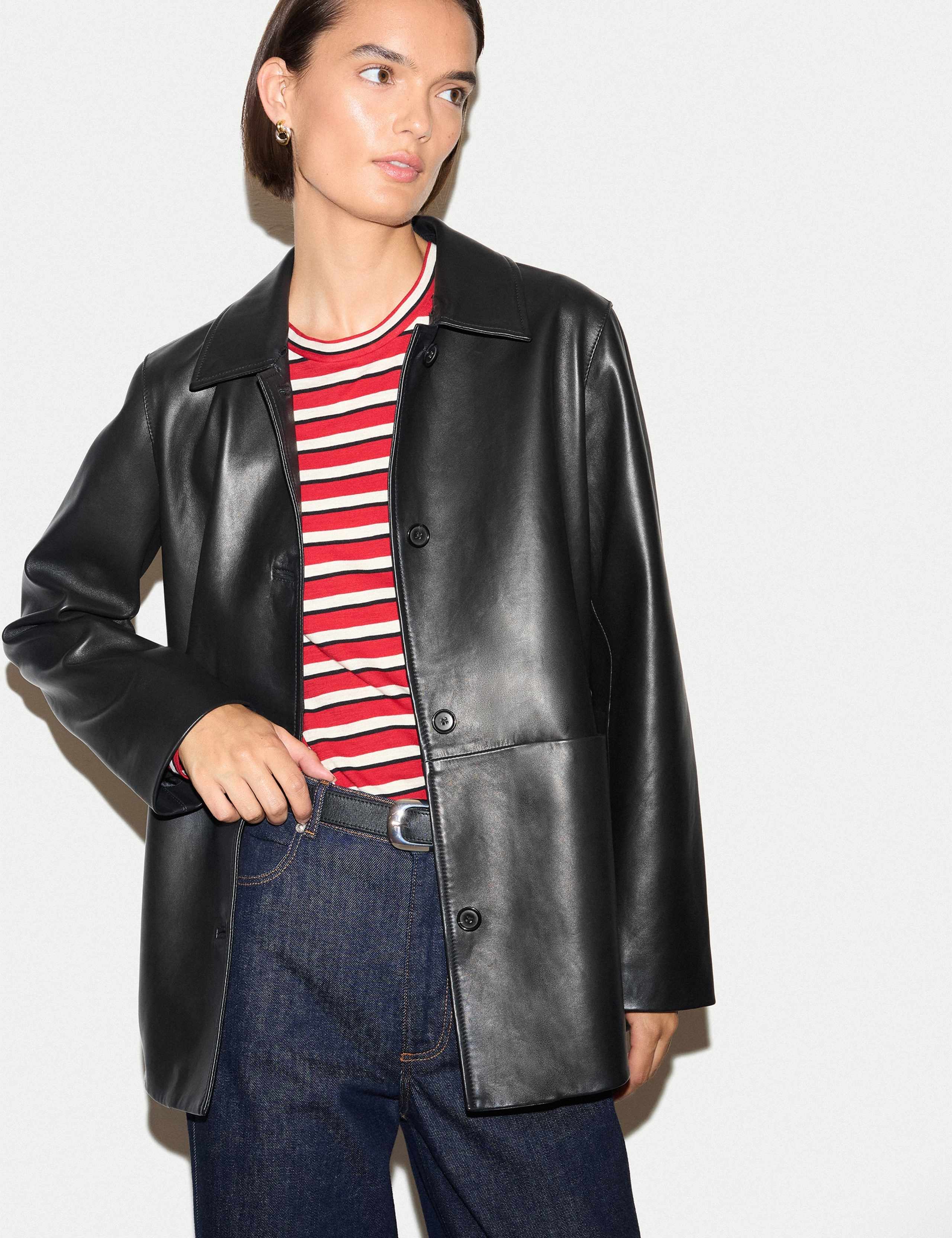 Leather Shearling Trim Aviator Jacket 4 of 6