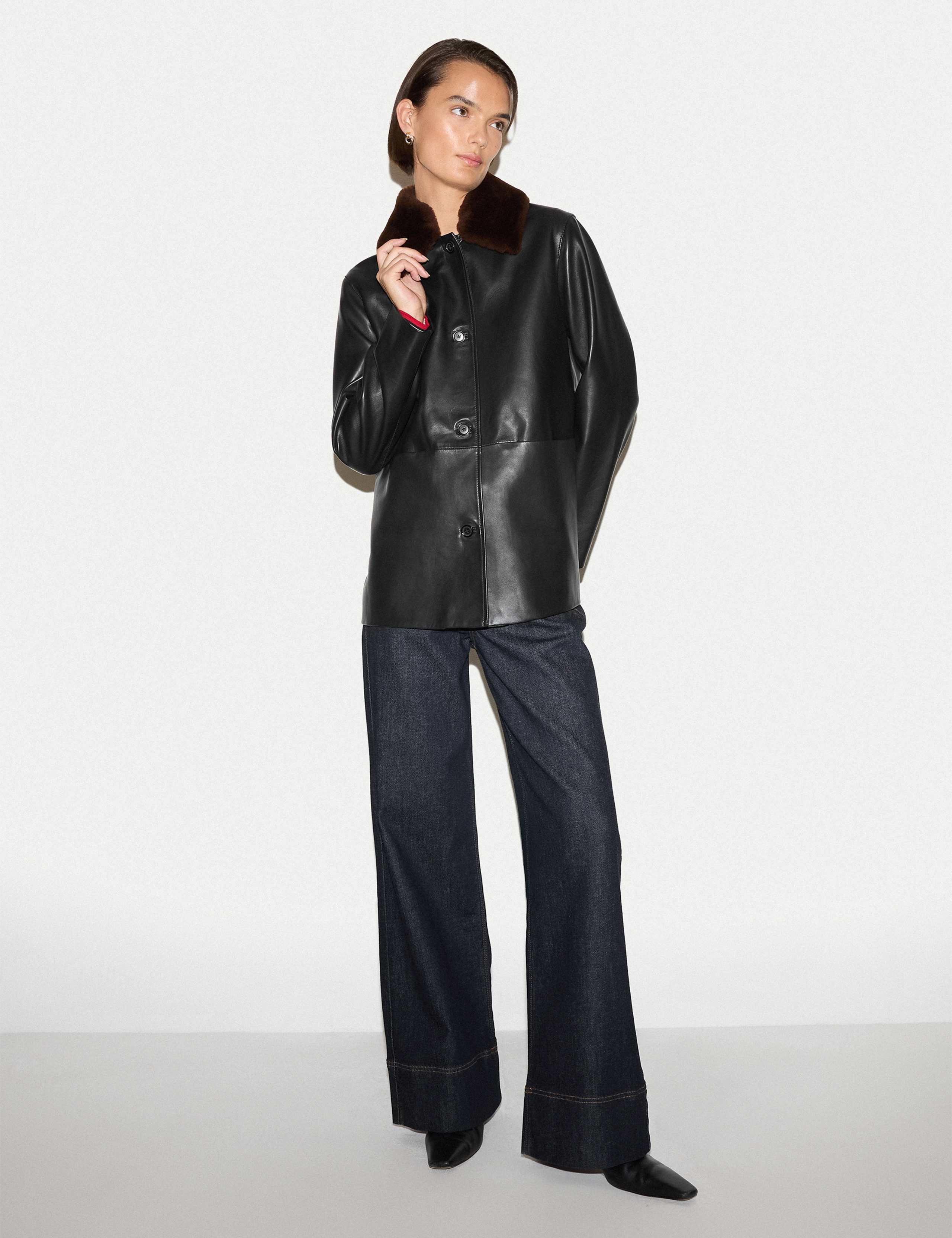 Leather Shearling Trim Aviator Jacket 5 of 6