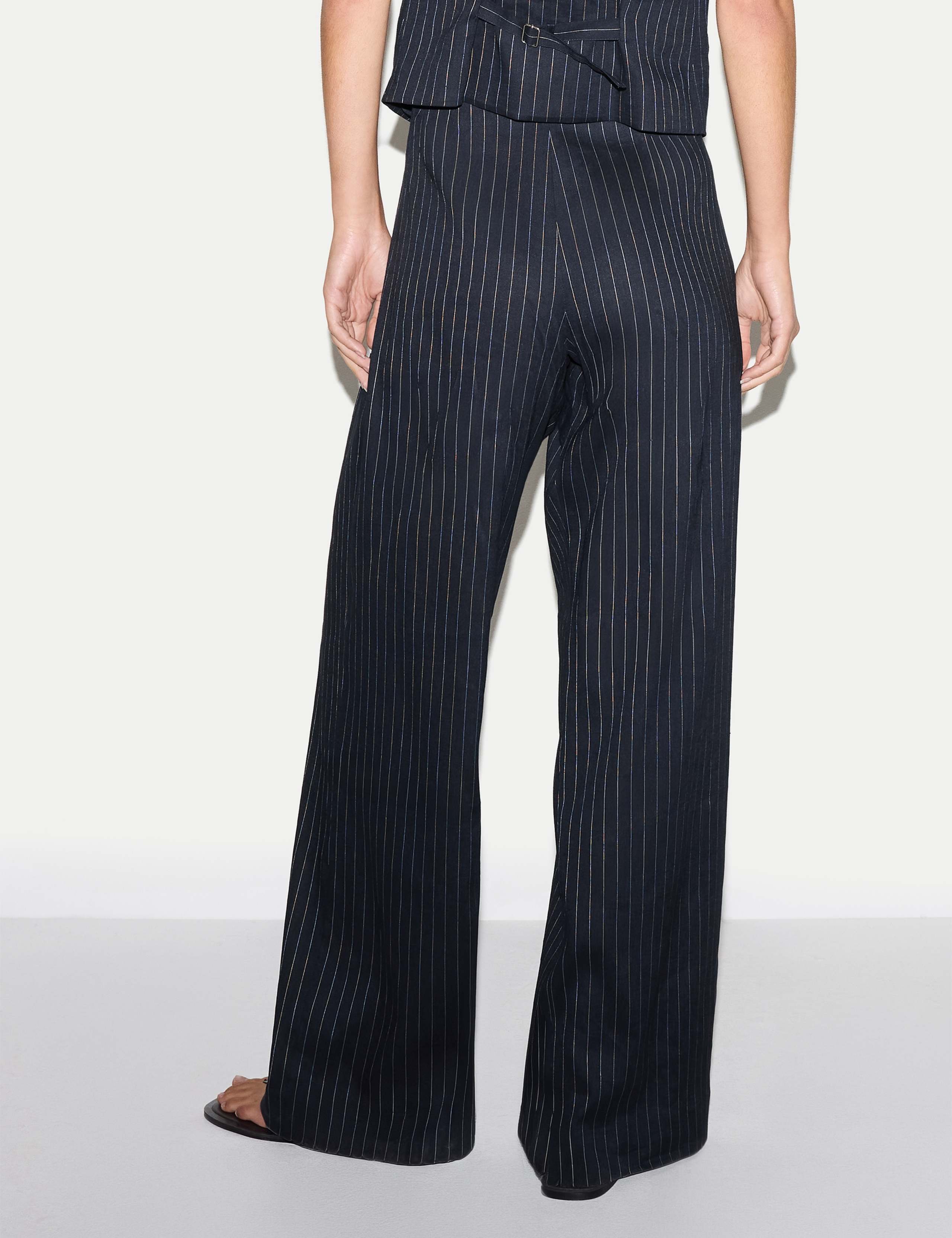 Linen Blend Pinstripe Pleat Front Wide Leg Trousers 2 of 5