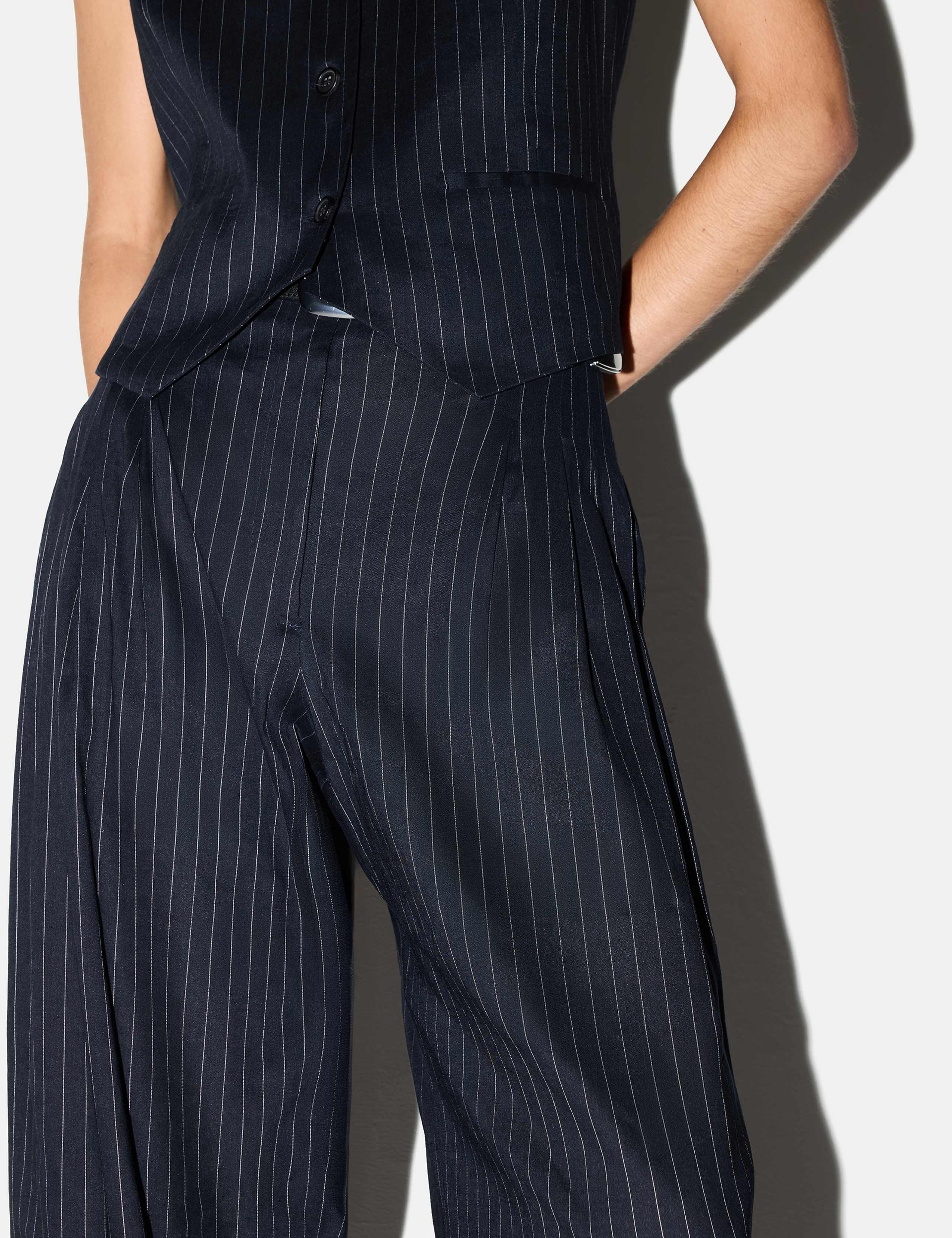 Linen Blend Pinstripe Pleat Front Wide Leg Trousers 3 of 5