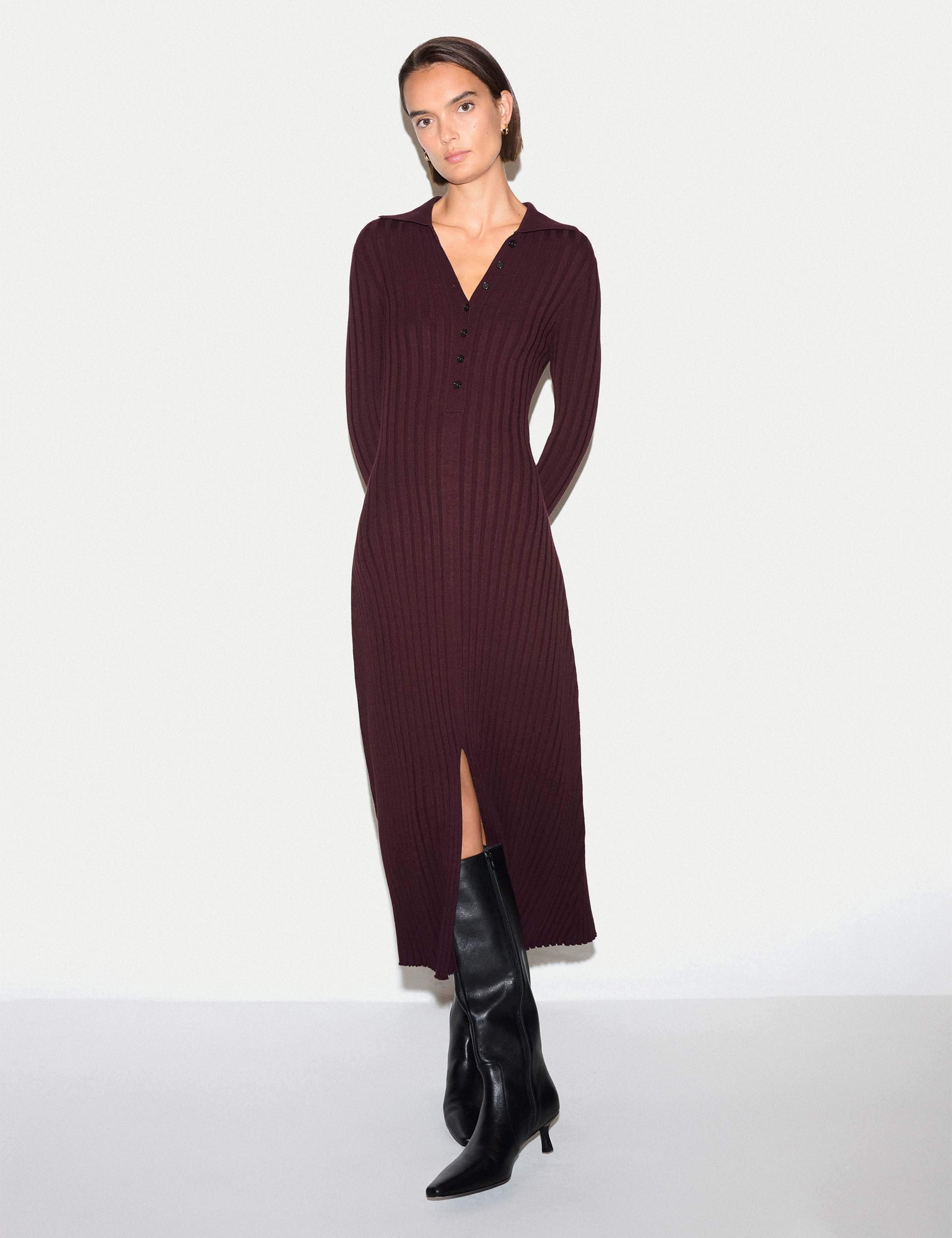 Ribbed Long Sleeve Polo Collar Midi Dress 1 of 5