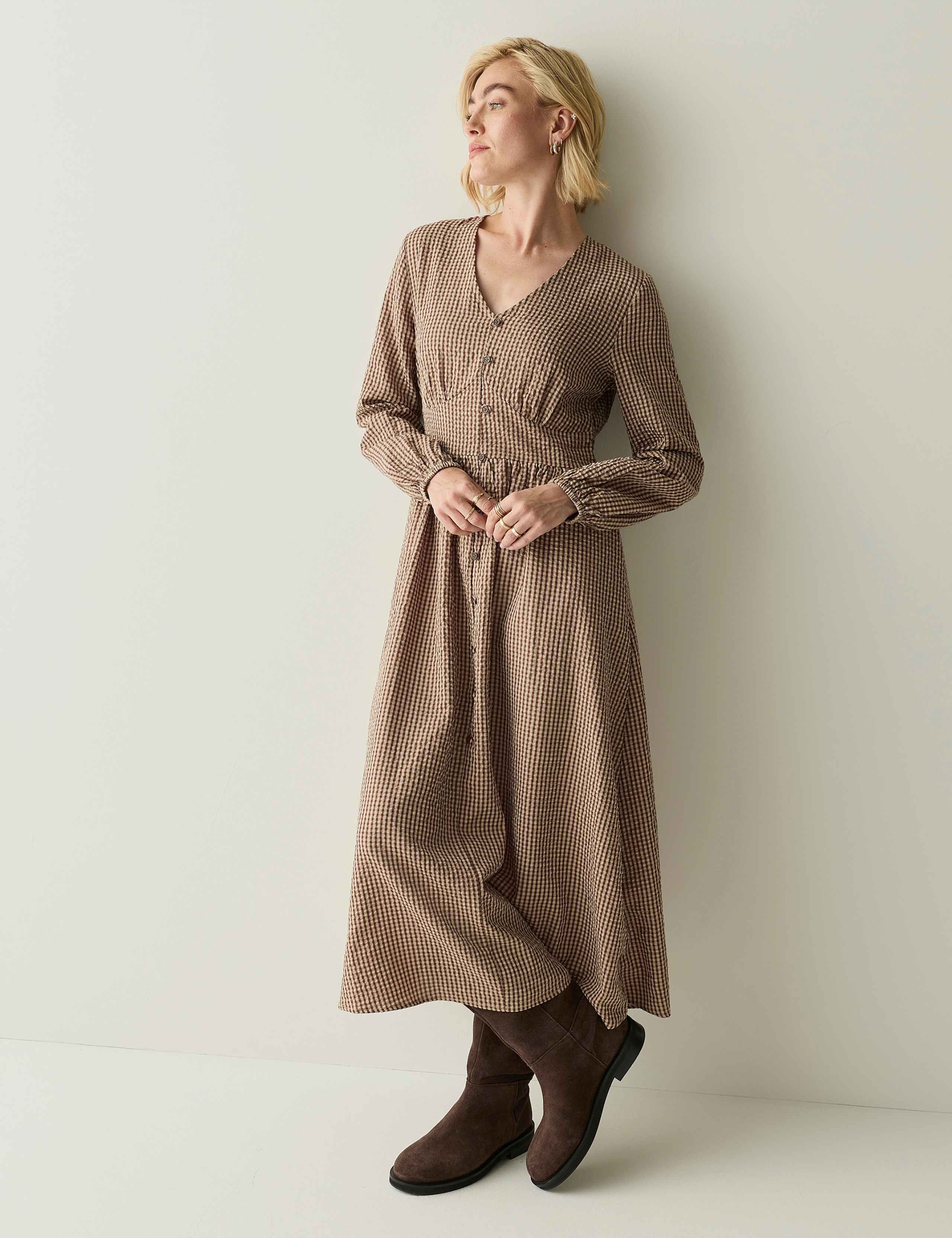 Gingham V Neck Button Front Midi Smock Dress 3 of 8