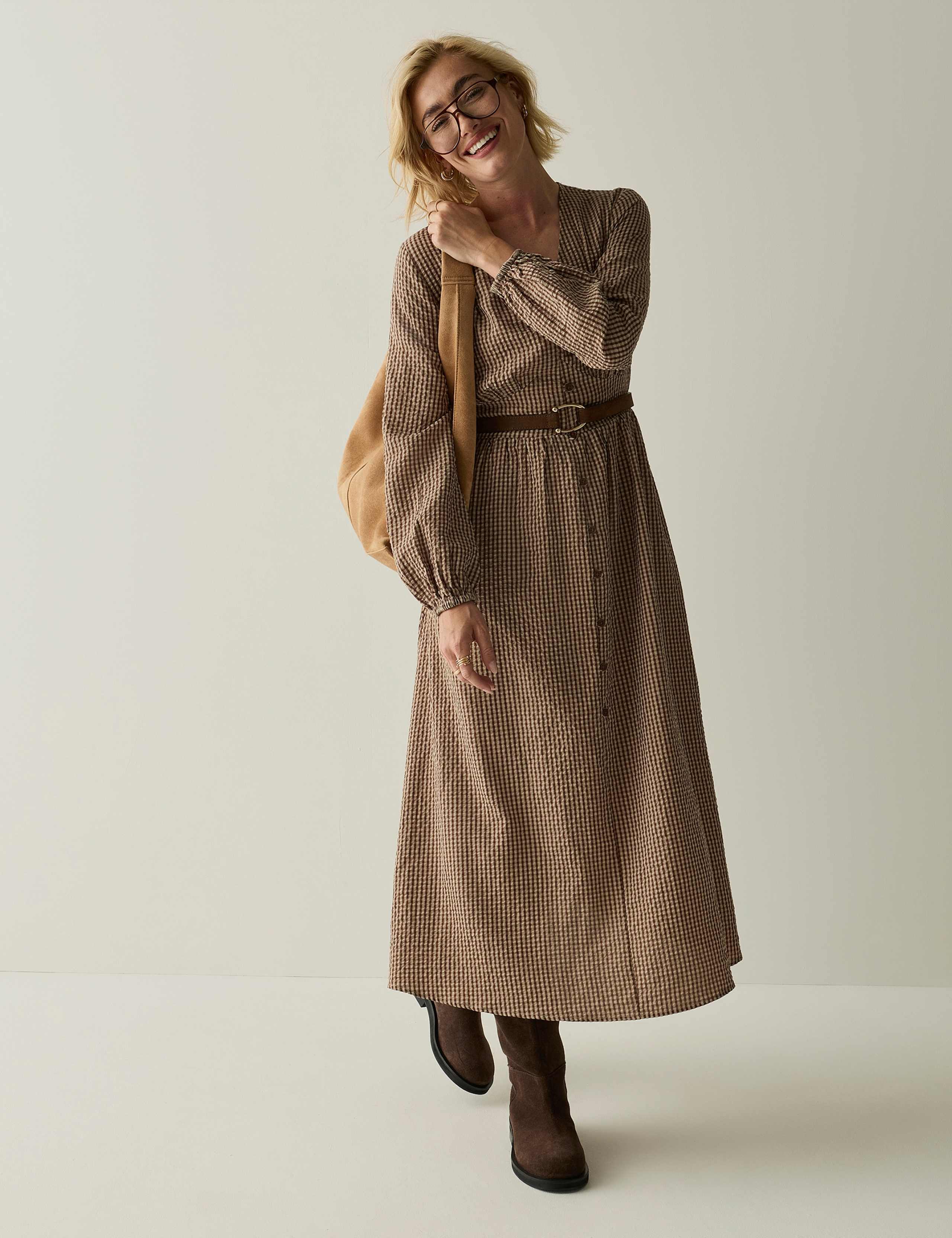 Gingham V Neck Button Front Midi Smock Dress 4 of 8
