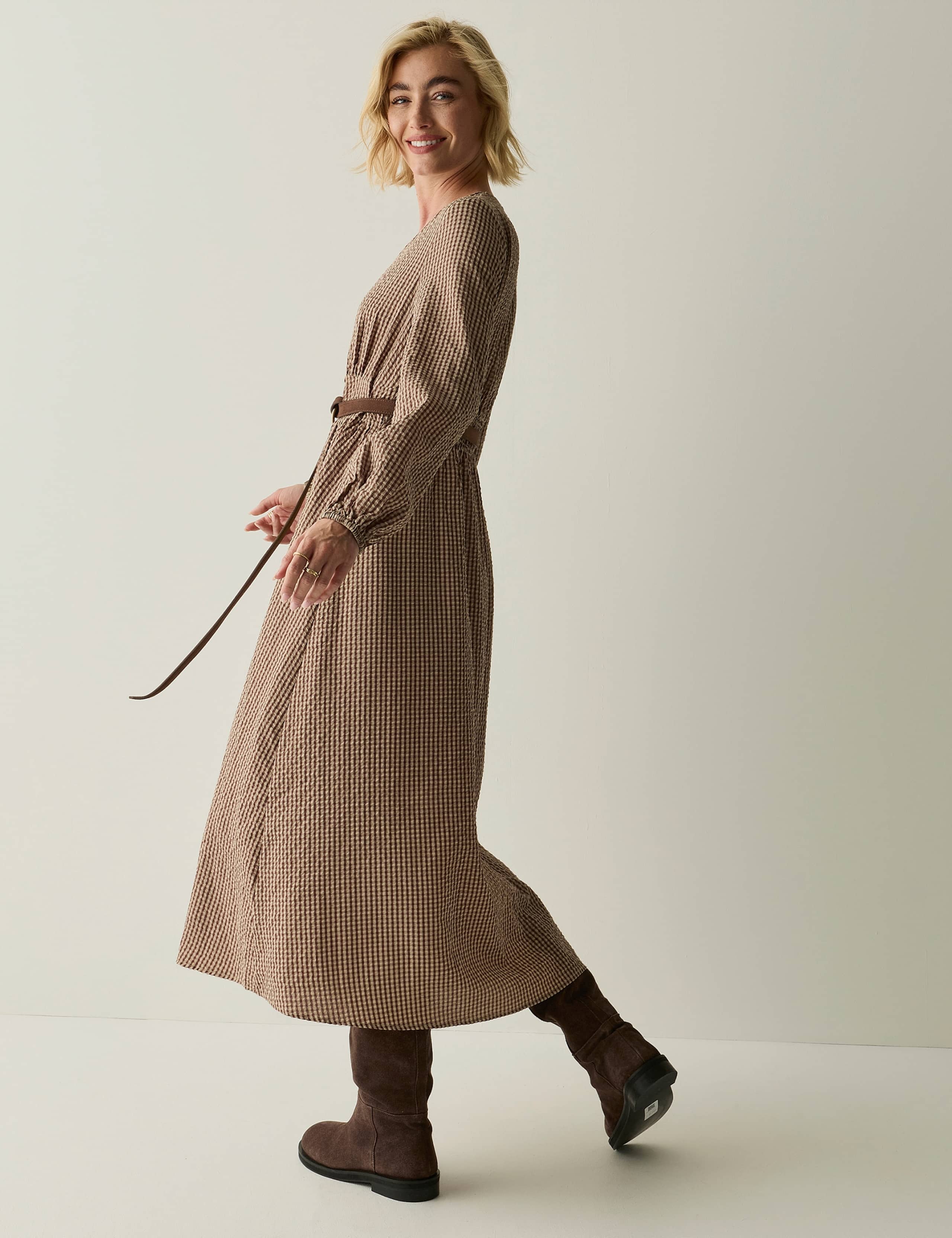 Gingham V Neck Button Front Midi Smock Dress 5 of 8
