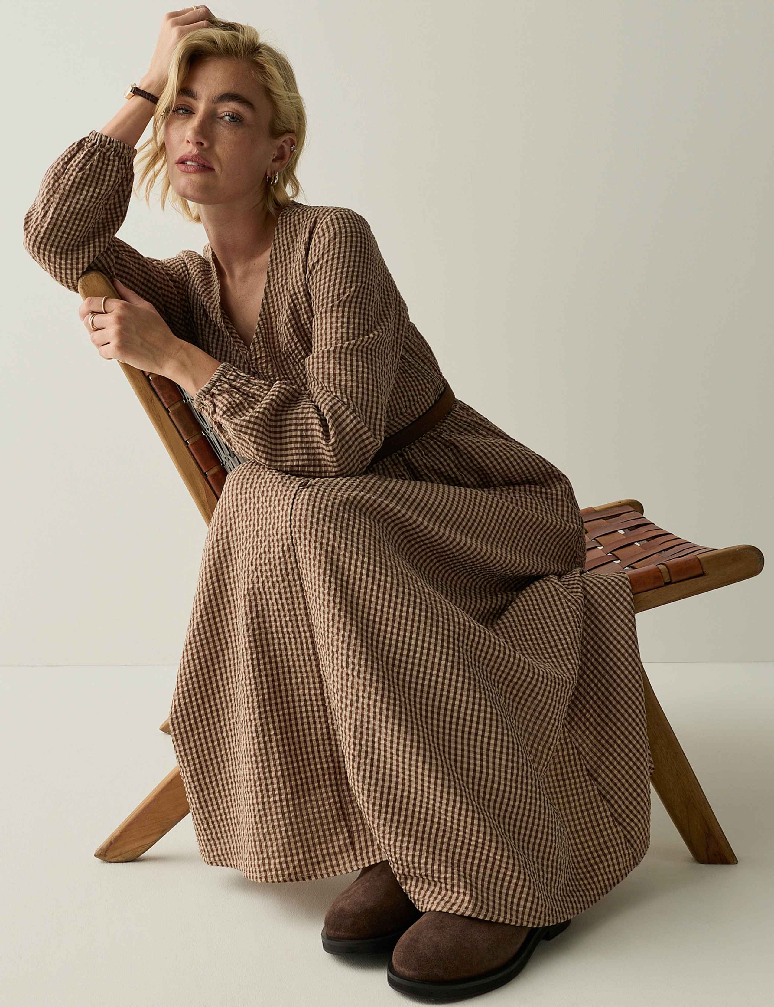 Gingham V Neck Button Front Midi Smock Dress 6 of 8