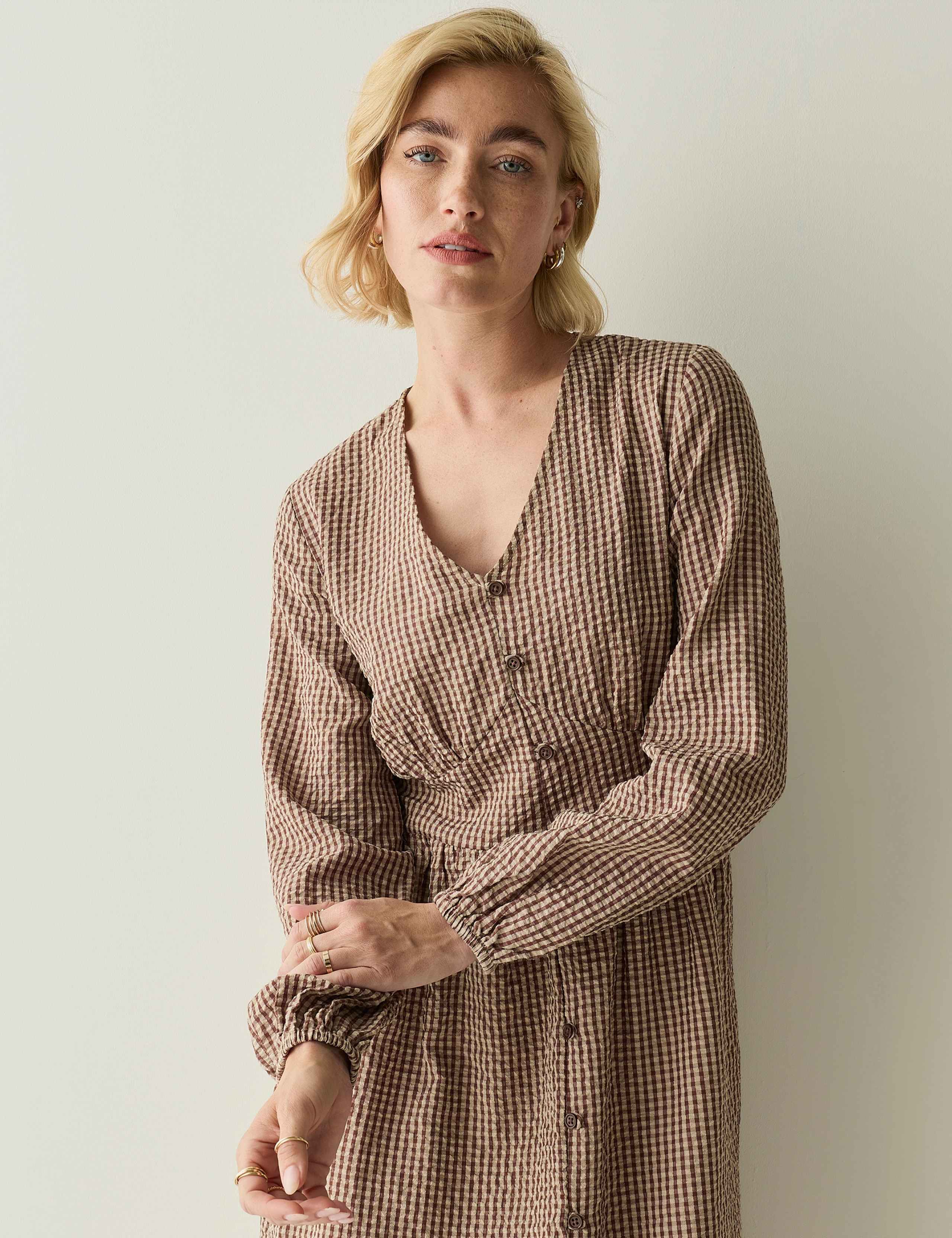 Gingham V Neck Button Front Midi Smock Dress 8 of 8