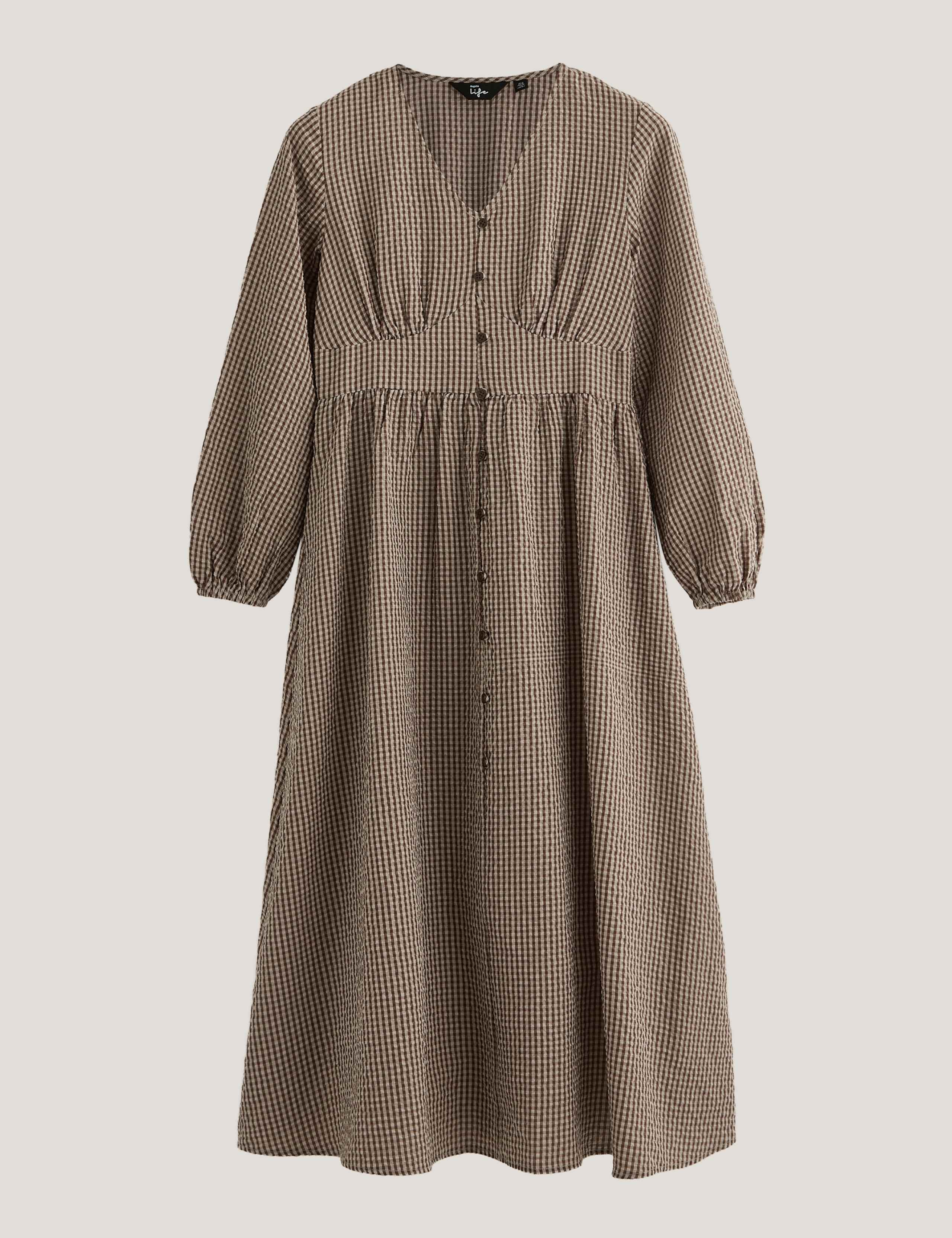 Gingham V Neck Button Front Midi Smock Dress 2 of 8
