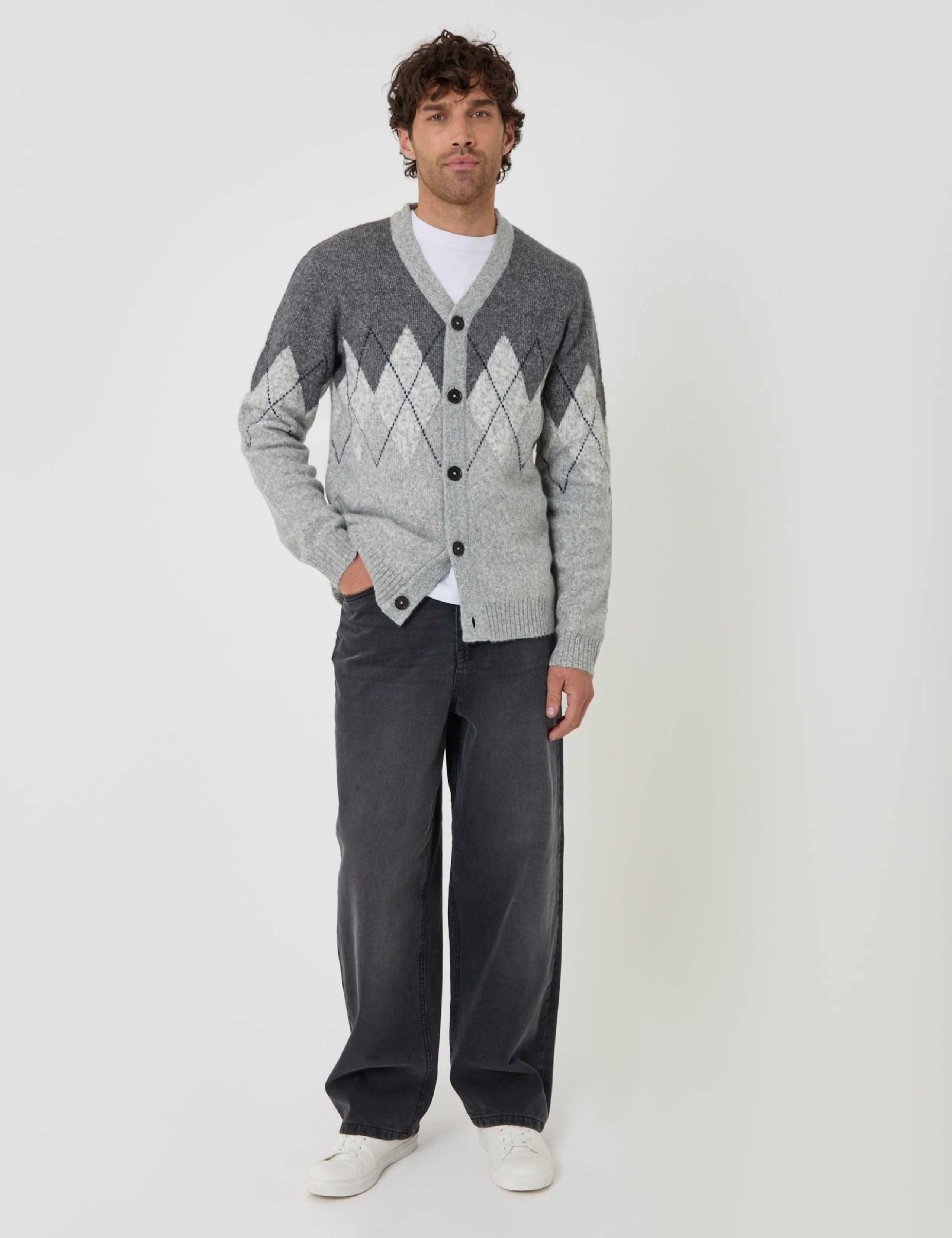 Wool Blend Argyle V Neck Cardigan 1 of 5