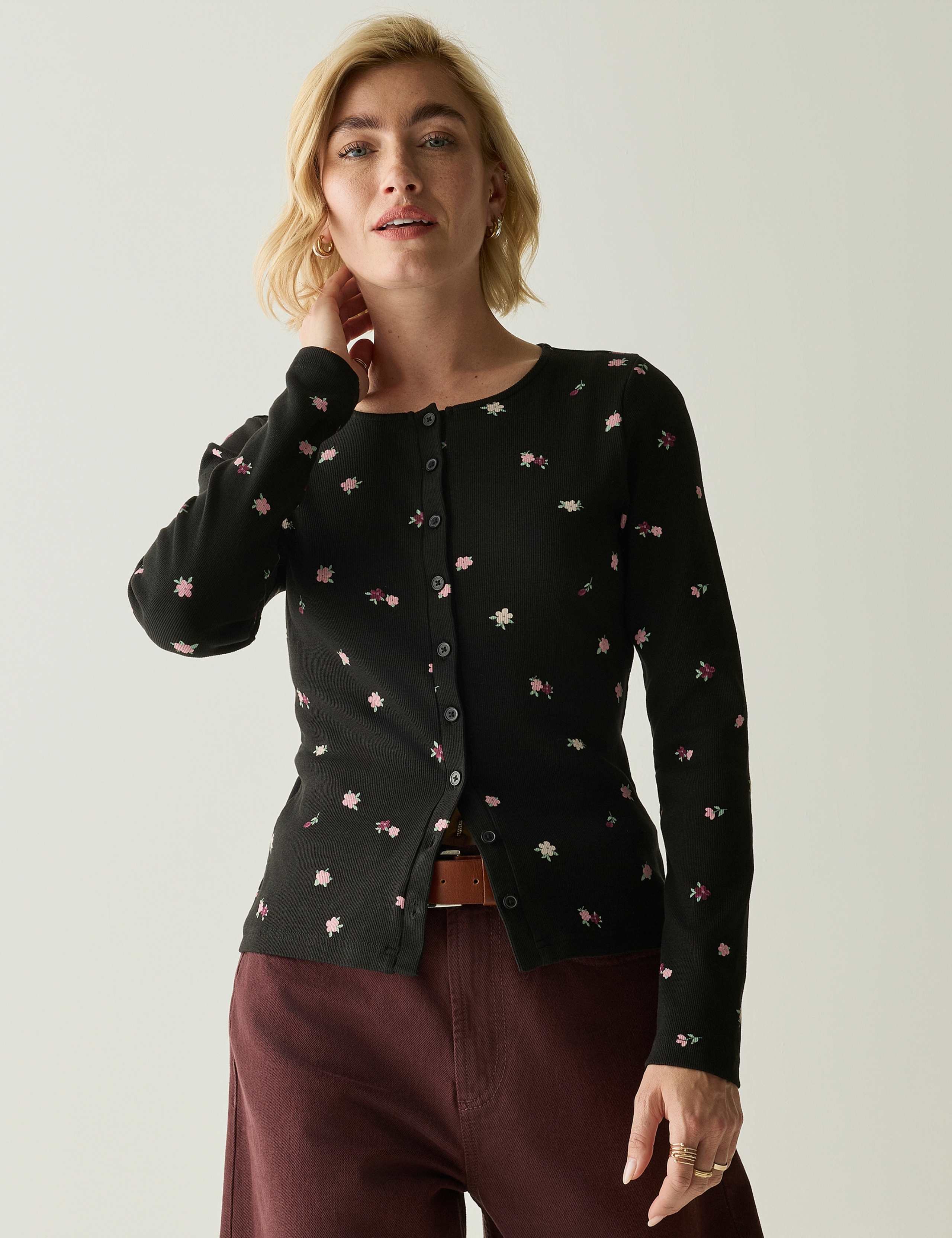 Cotton Rich Ribbed Button Detail Fitted Top 1 of 7