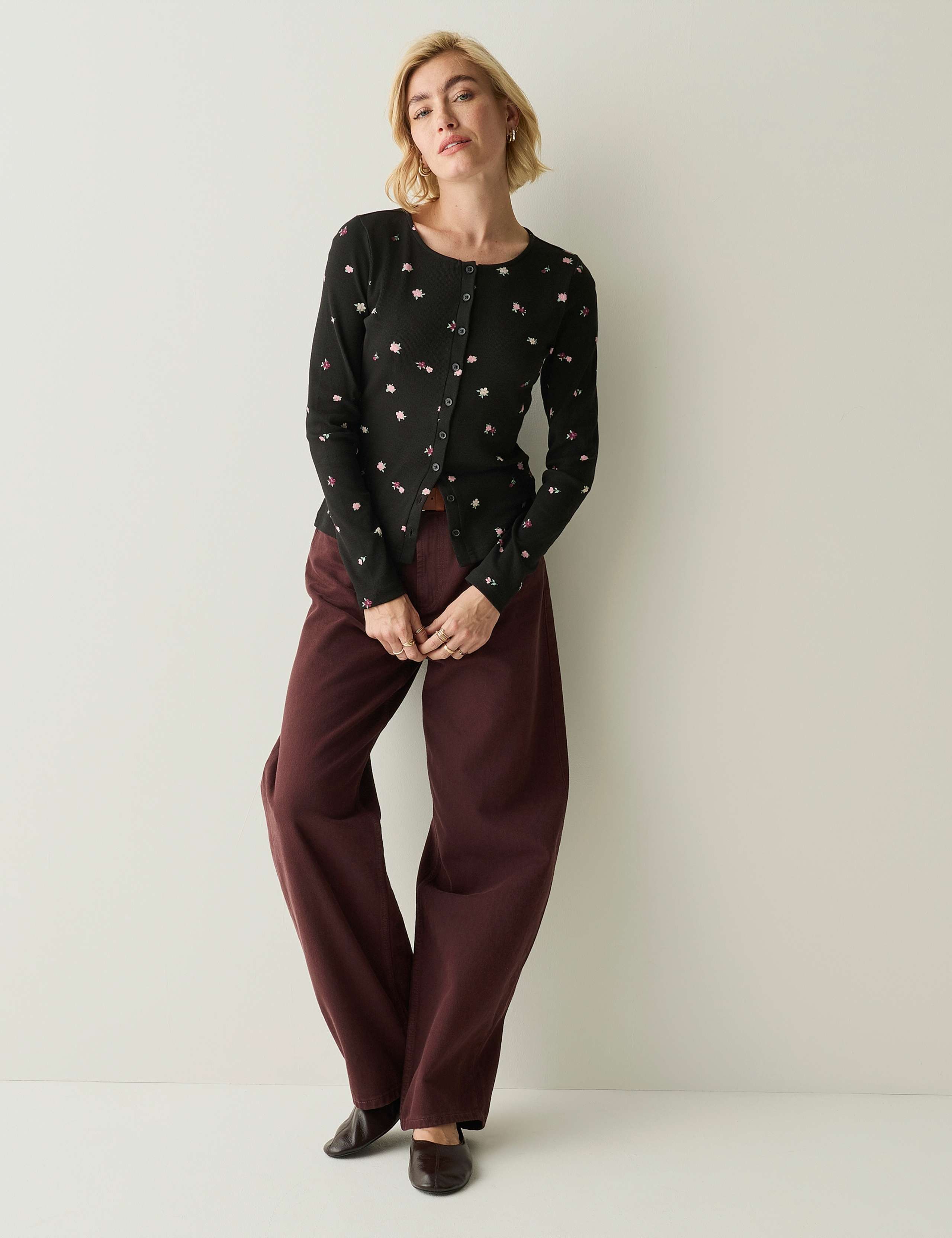 Cotton Rich Ribbed Button Detail Fitted Top 3 of 7