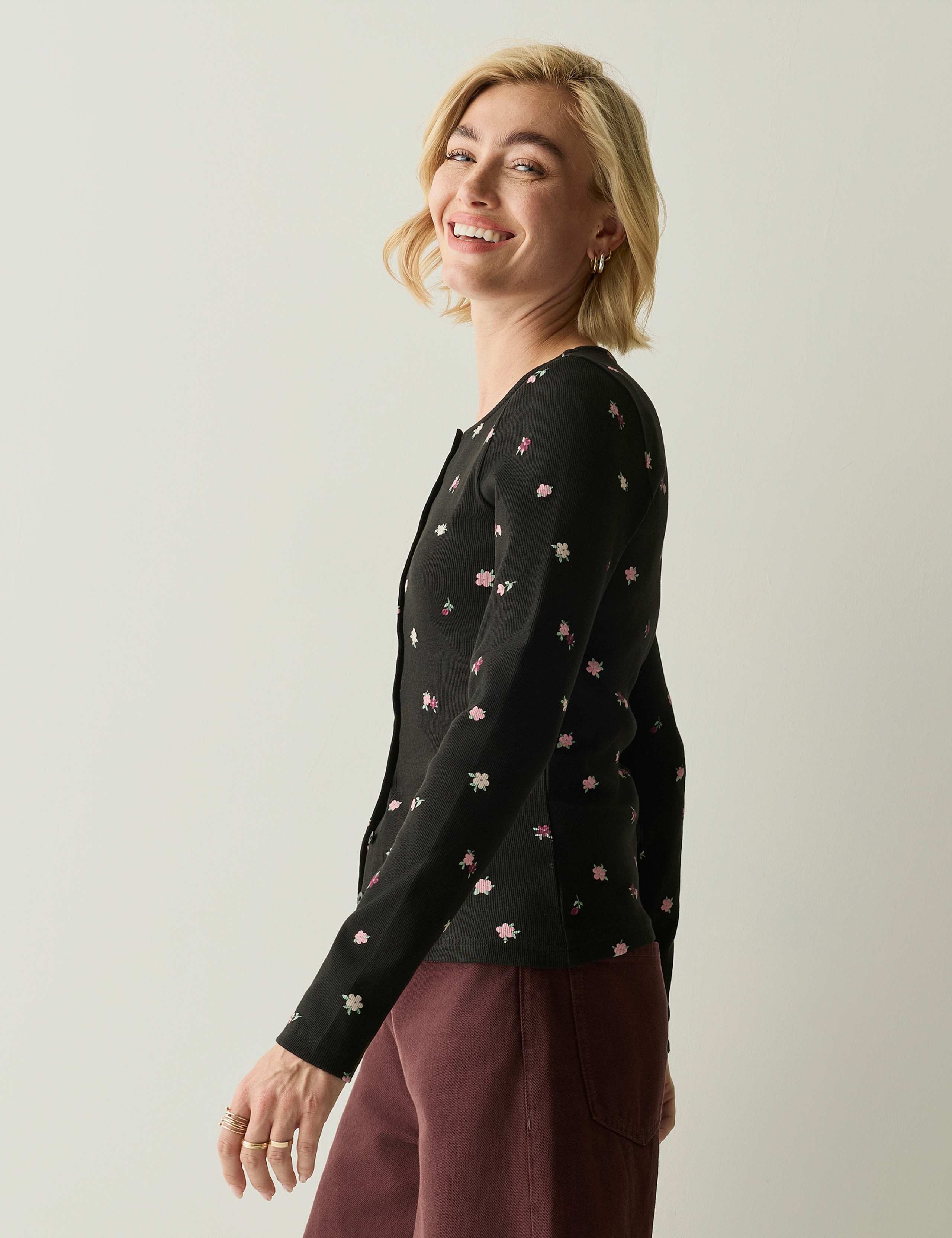 Cotton Rich Ribbed Button Detail Fitted Top 5 of 7
