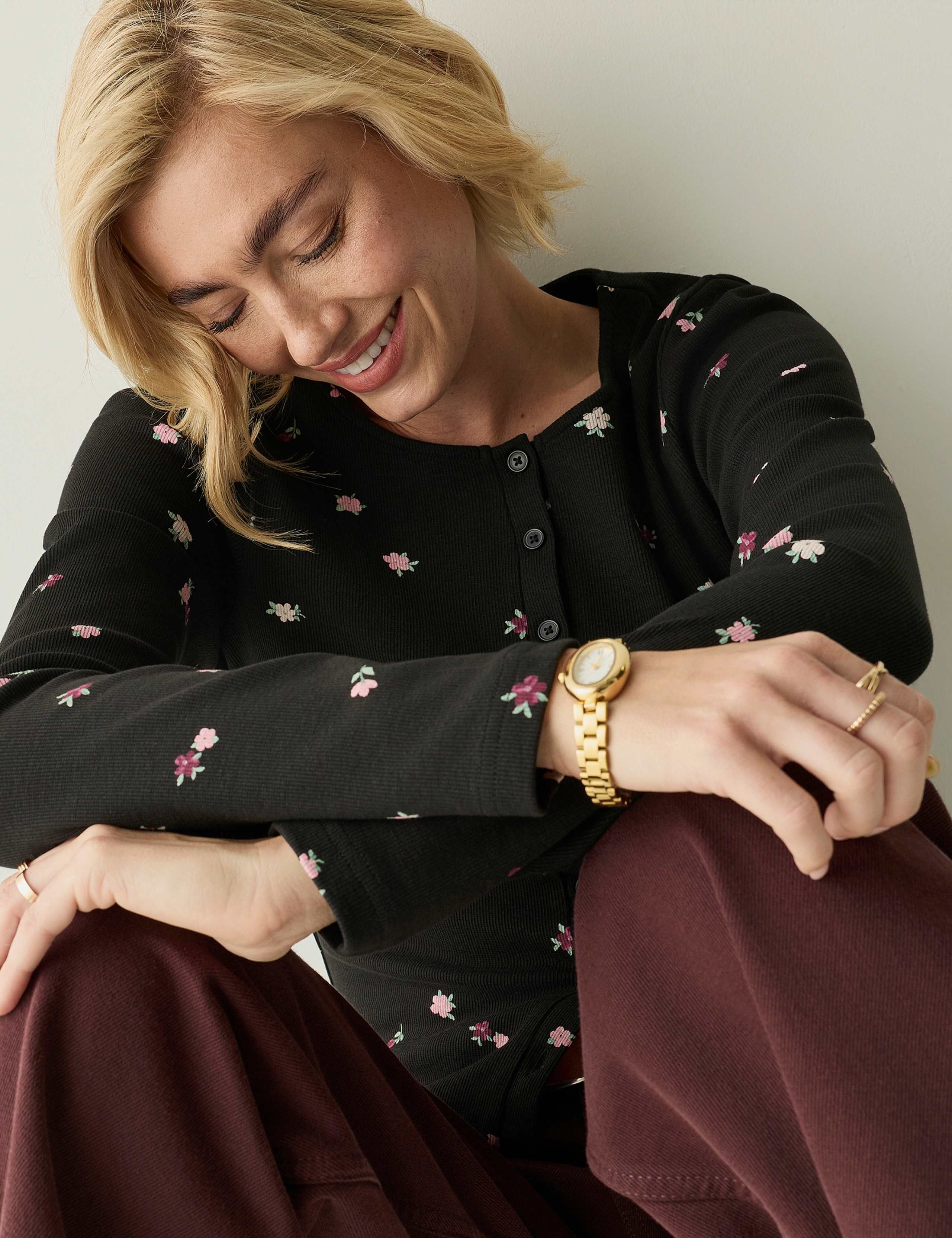 Cotton Rich Ribbed Button Detail Fitted Top 7 of 7