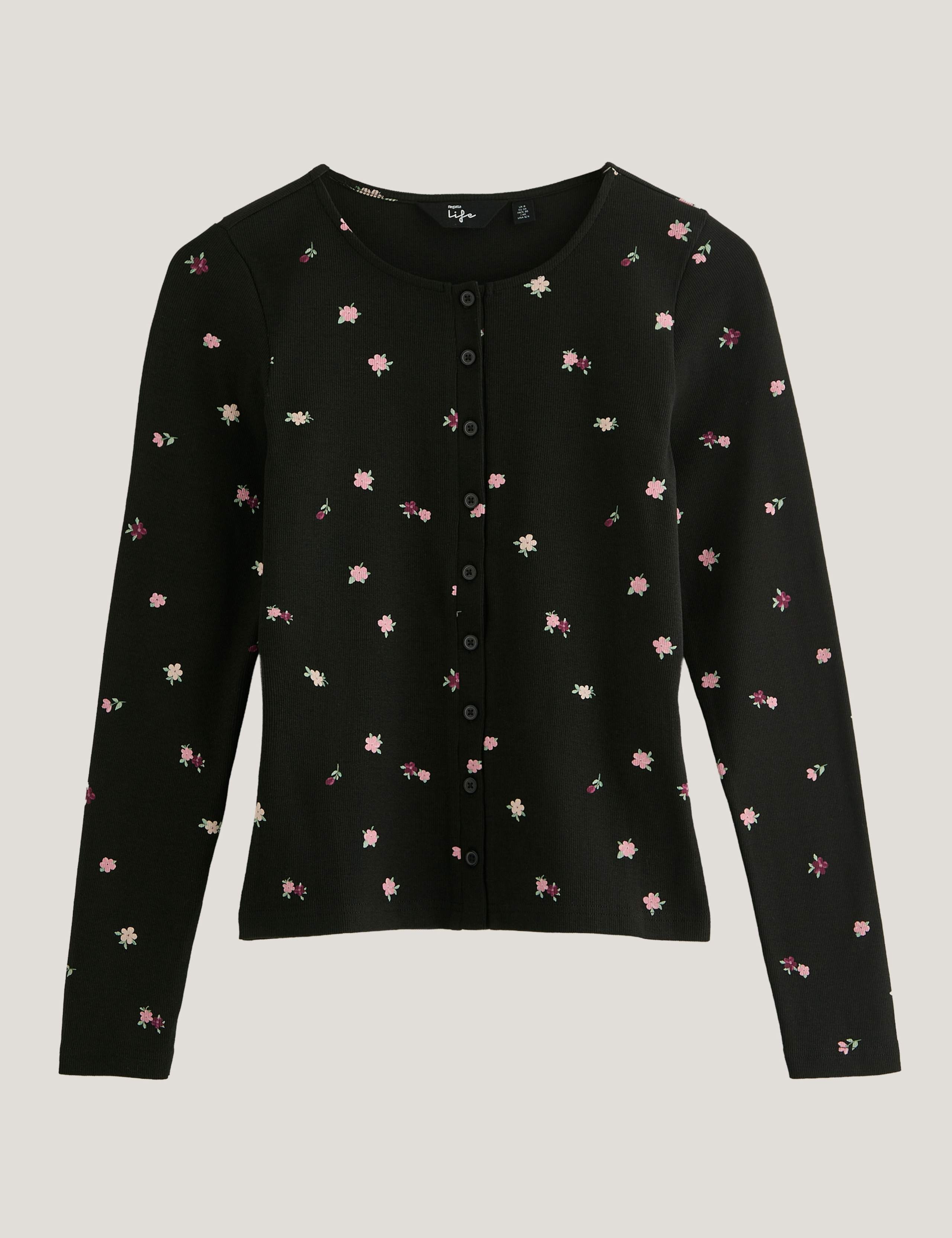 Cotton Rich Ribbed Button Detail Fitted Top 2 of 7