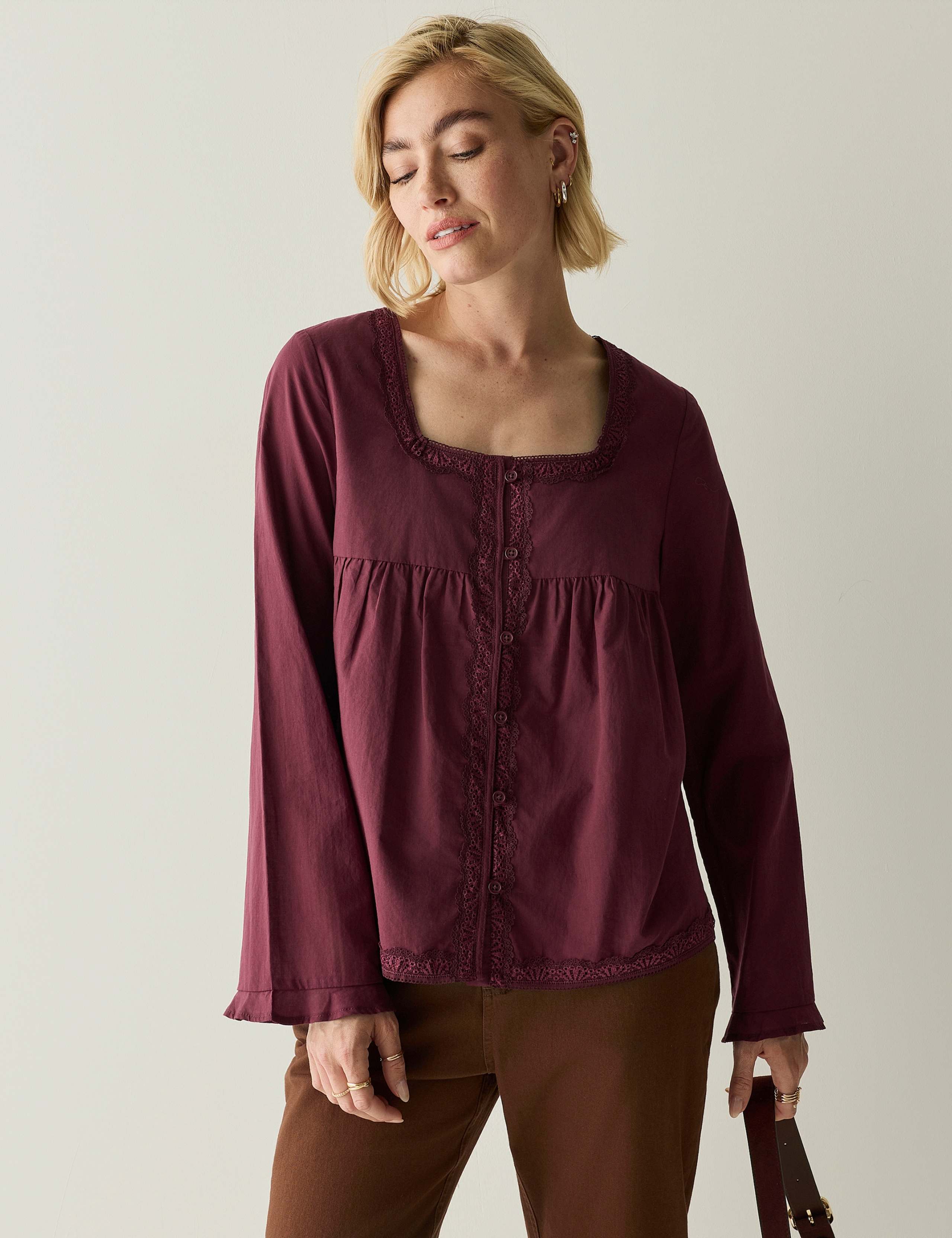 Pure Cotton Square Neck Button Detail Top 1 of 7