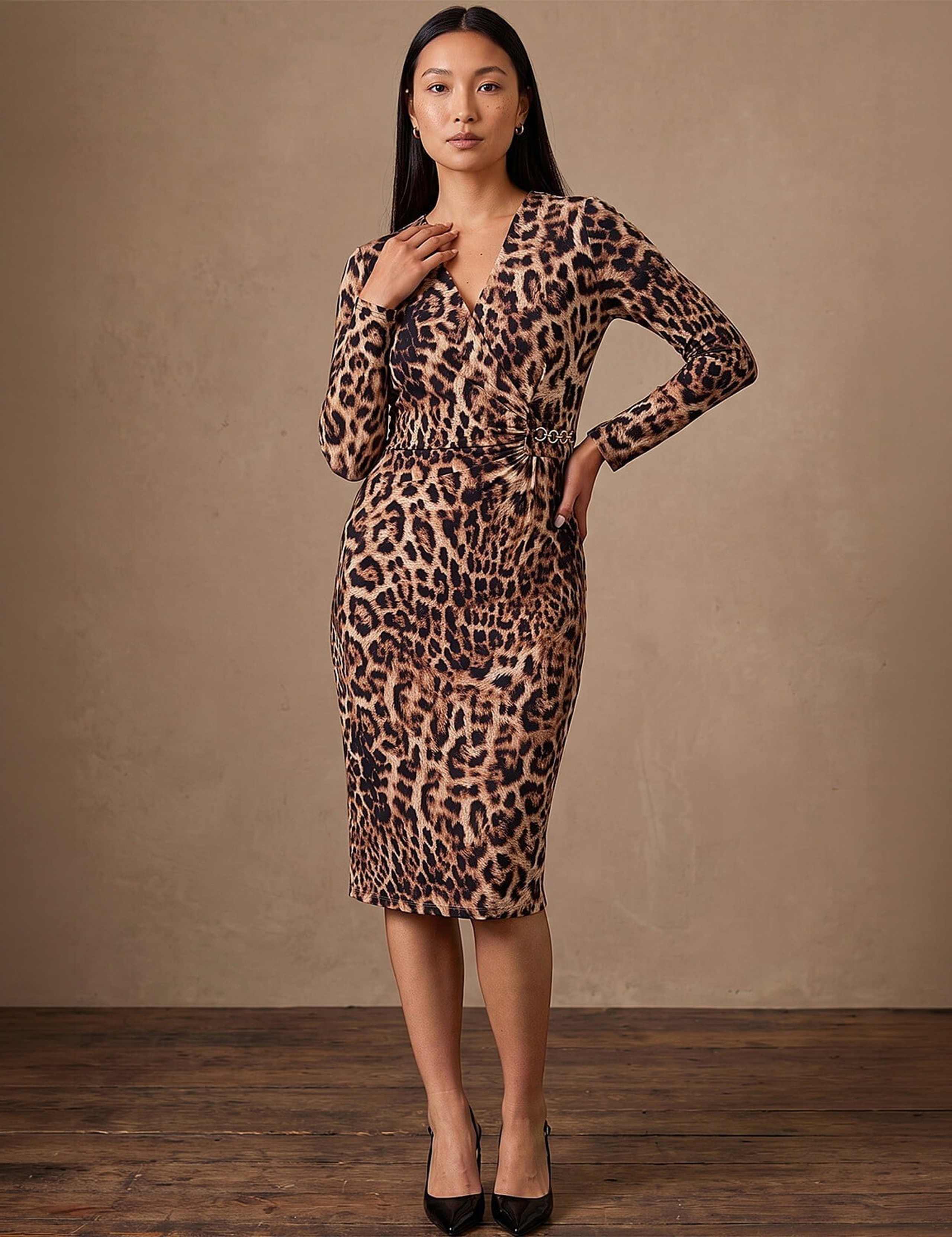 Animal Print V Neck Chain Detail Gathered Dress 2 of 4