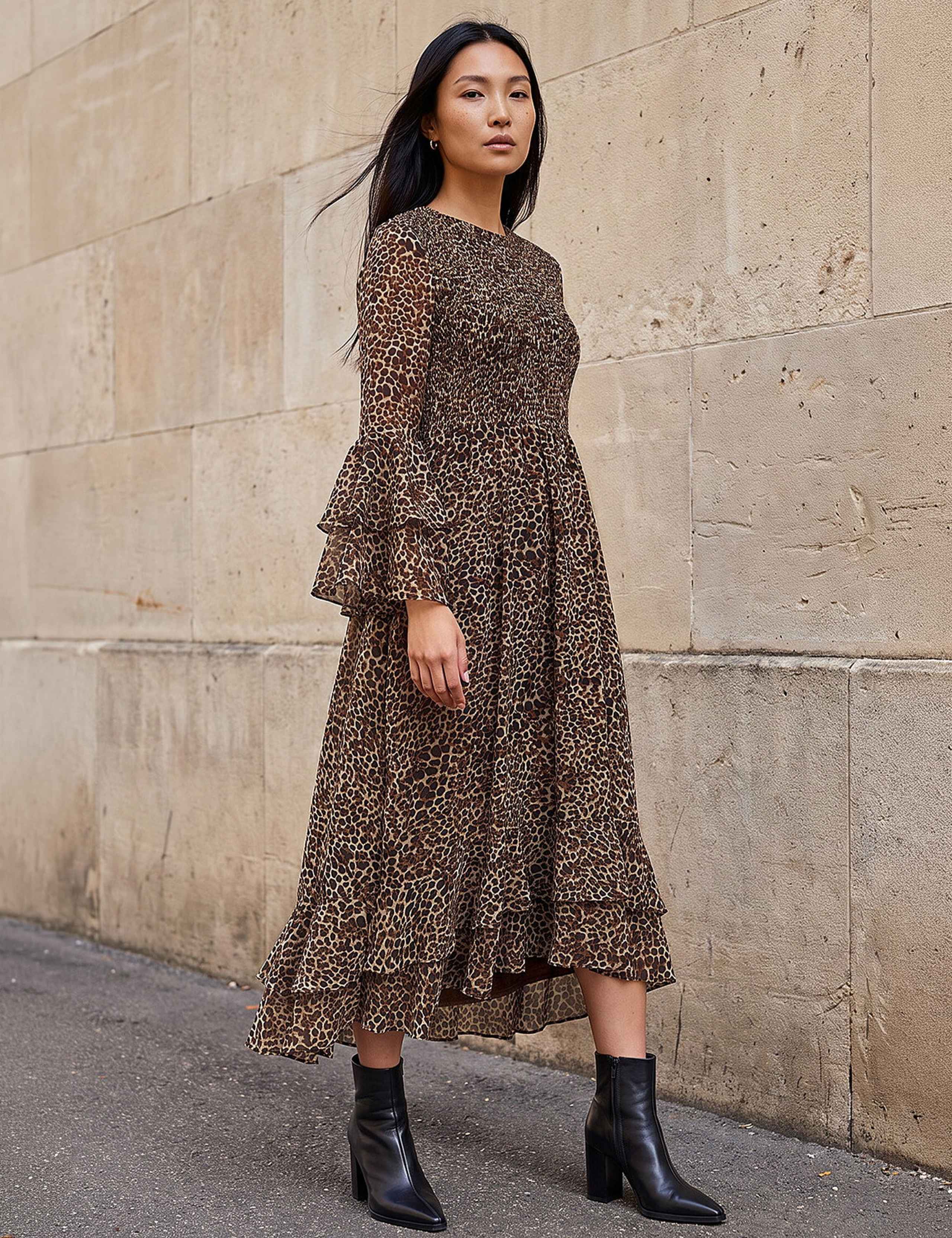 Animal Print Frill Sleeve Midi Dress 2 of 4