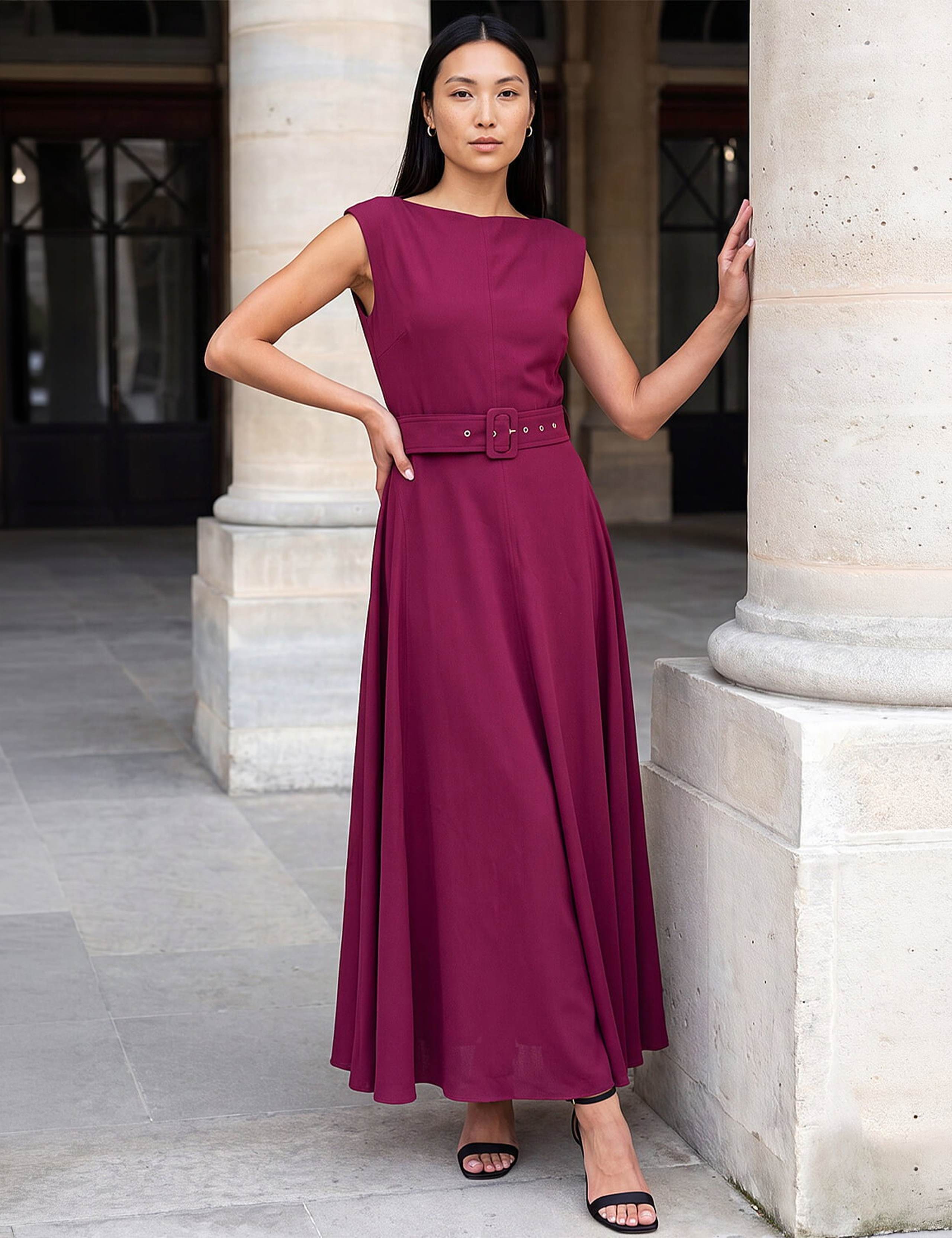 Belted Asymmetric Neck Knee Length Dress 2 of 4